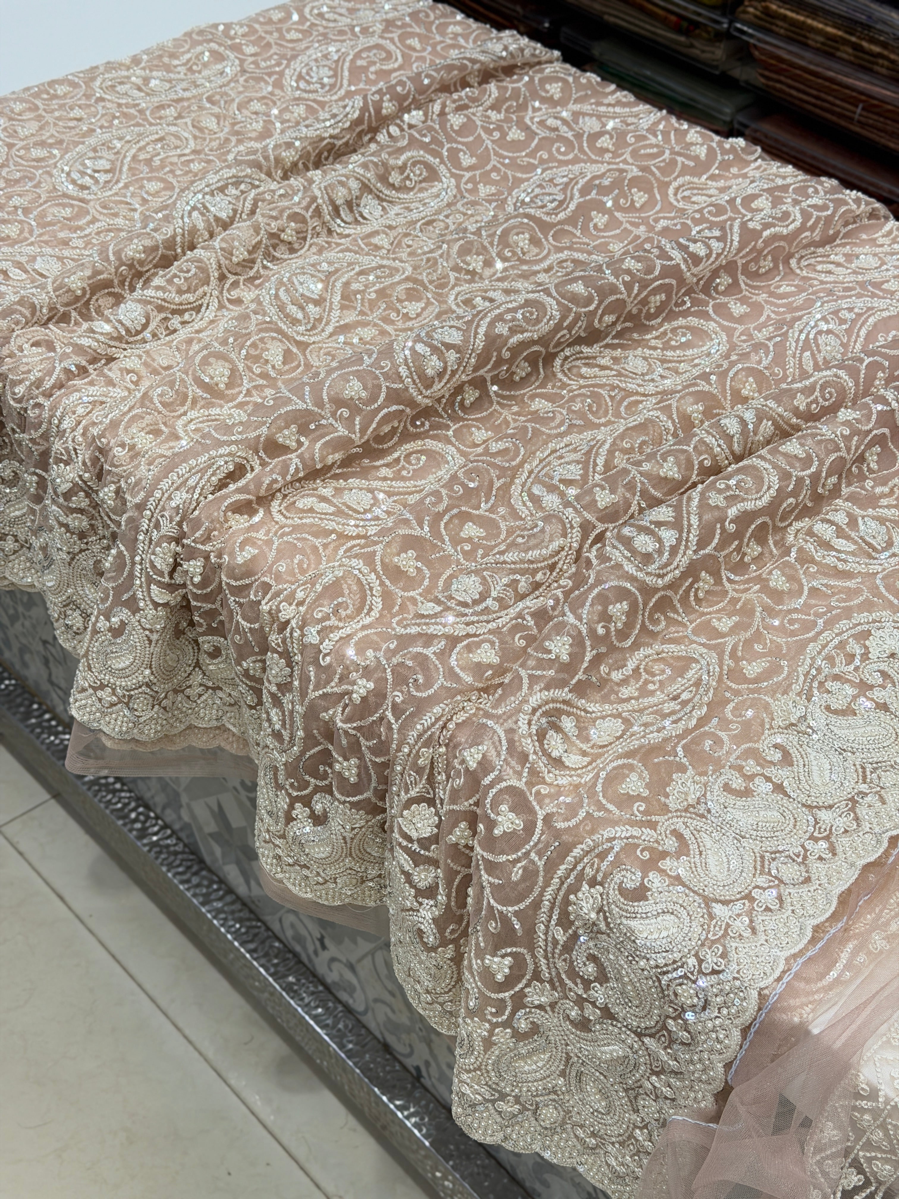 Nude Pink Keri Jaal Net Resham Moti Embroidery Soft Saree