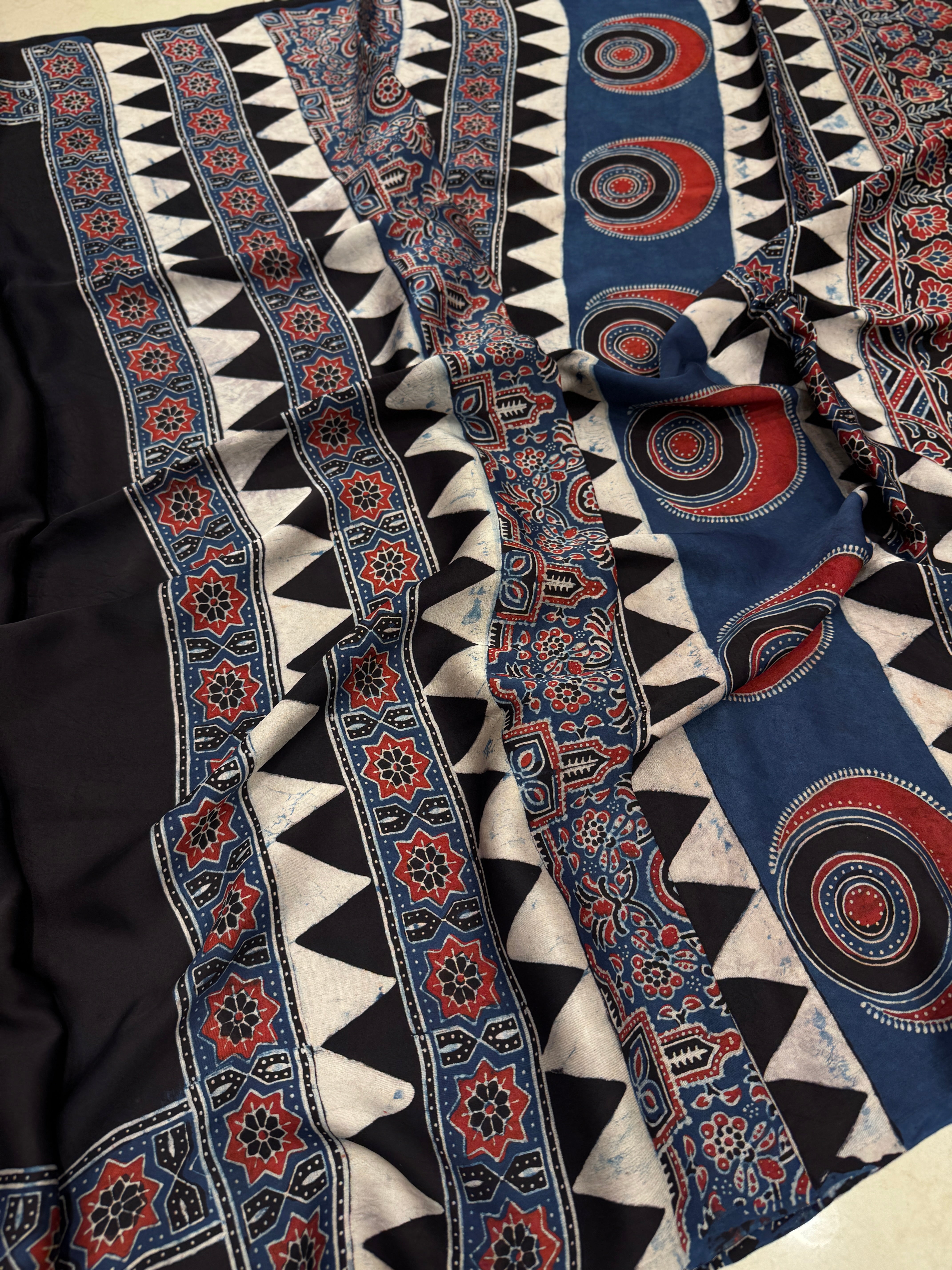 Black Contemporary Pallu Hand Block Print Ajrkah Pure Gajji Silk Saree