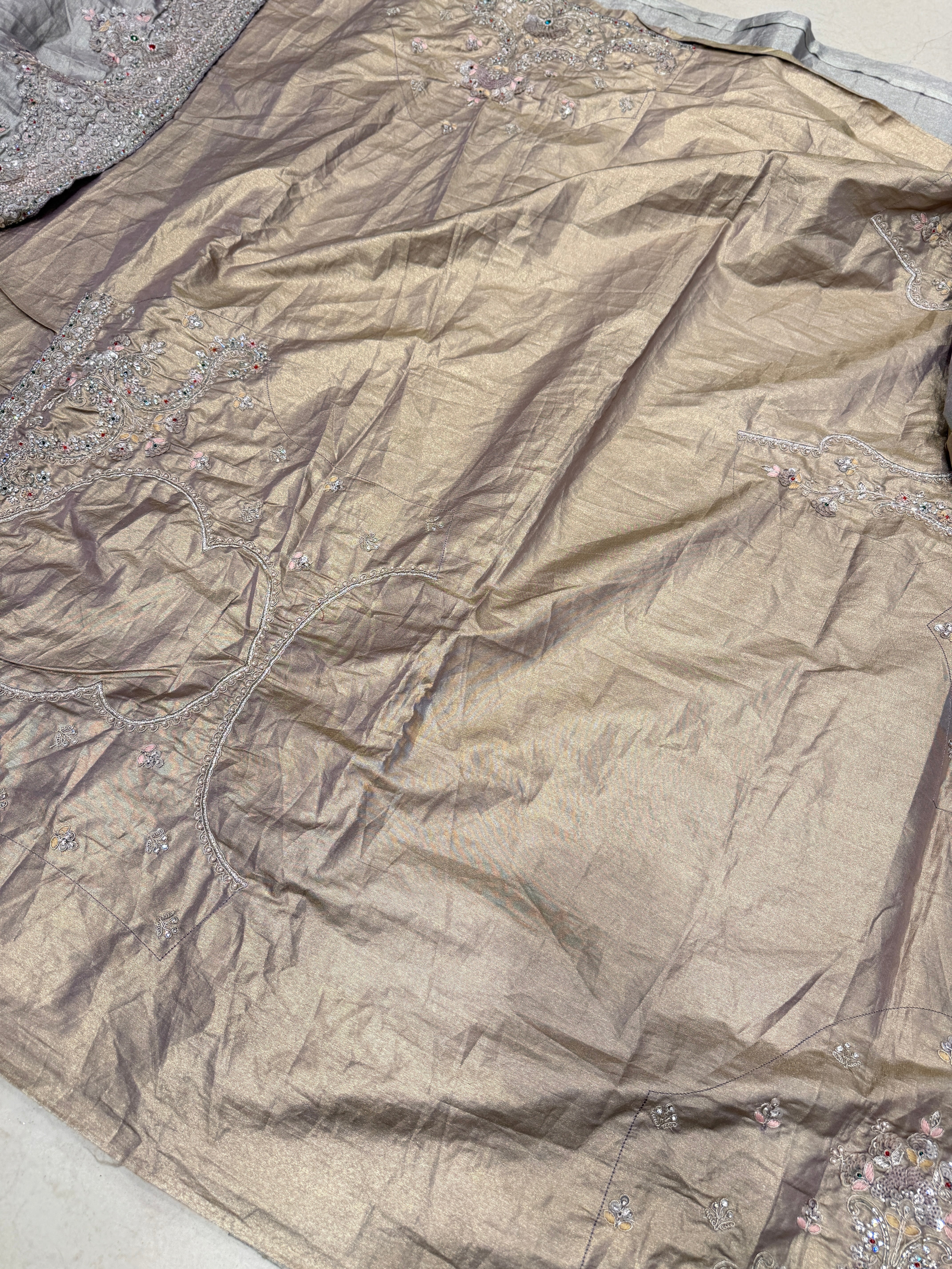Golden Silver Crushed Paper Tissue Silk Embroidery Saree