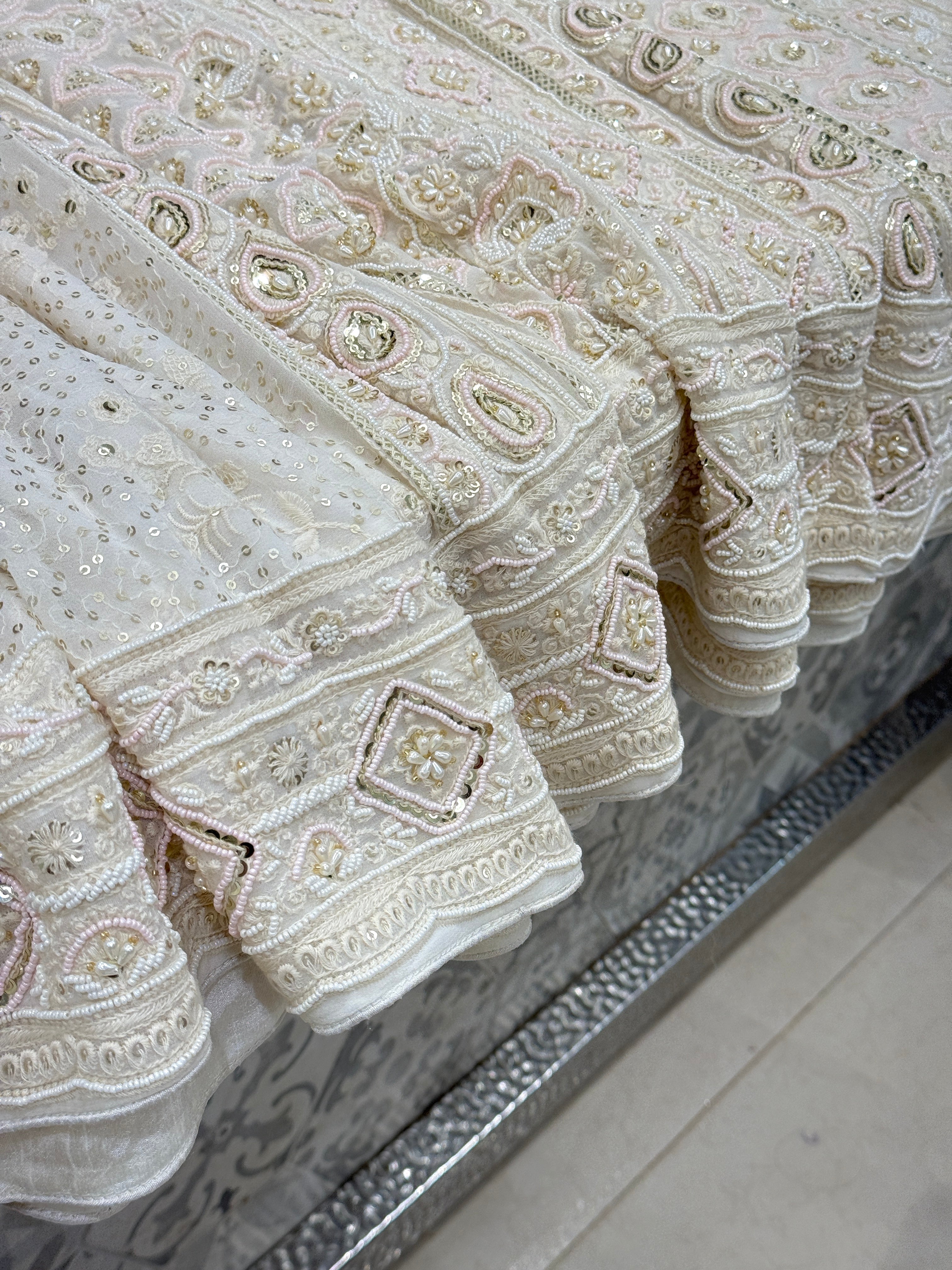 Off White Chikankari Moti Sequin Hand Embroidery Saree