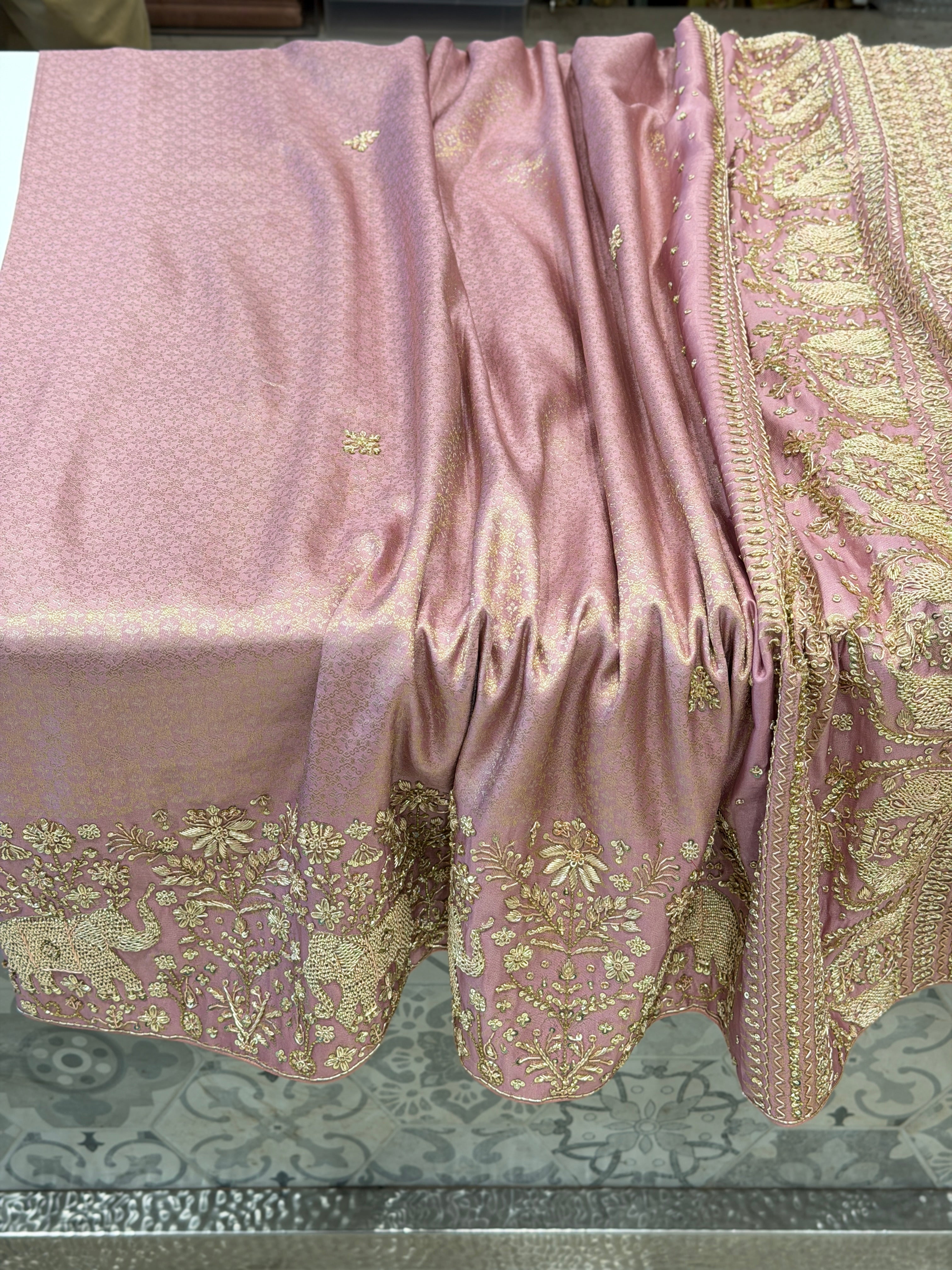 Light Pink Kanjivaram Elephant Motif Zardosi Hand Embroidery Saree