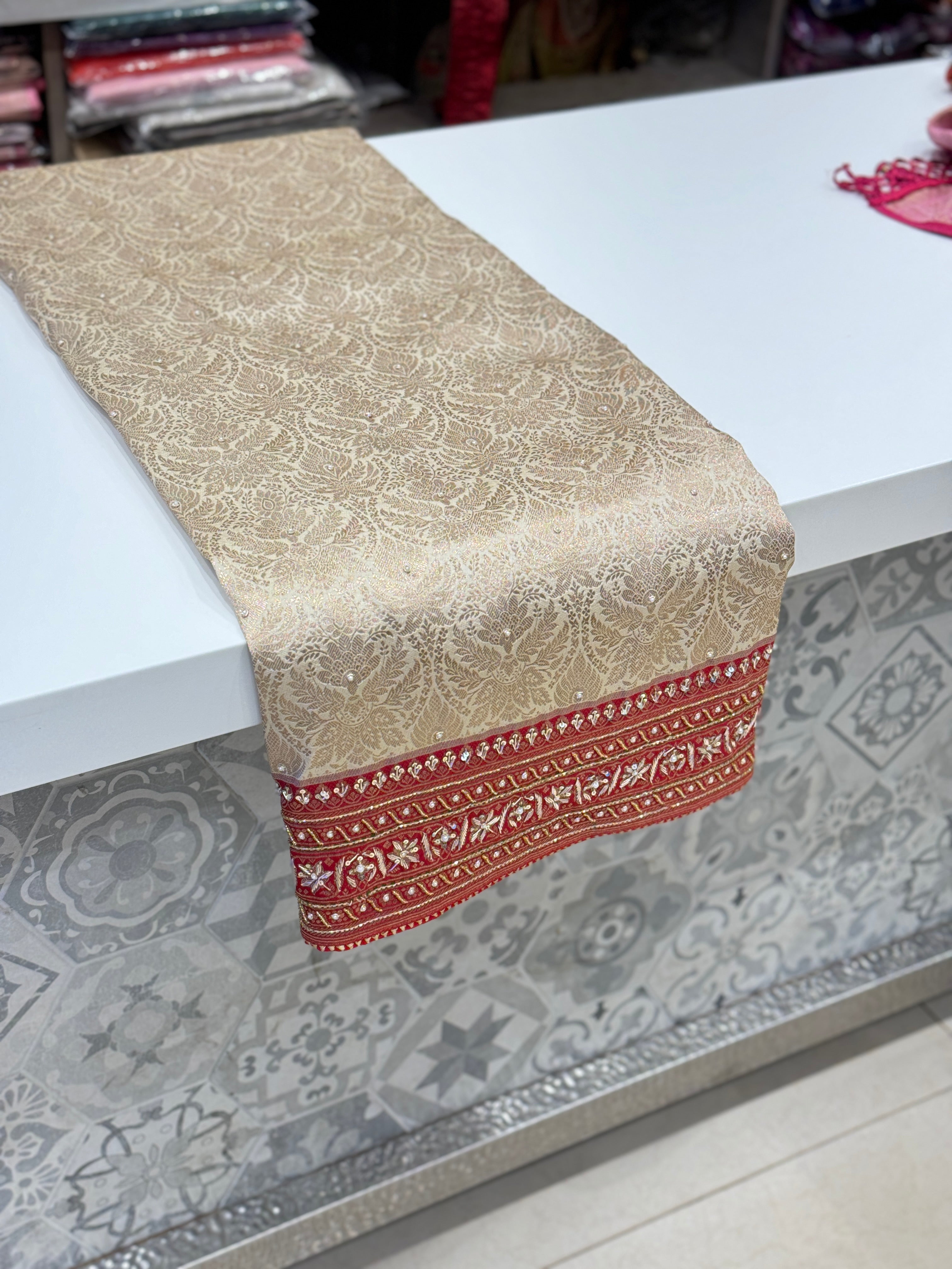 Moti White x Red Banarasi Hand Embroidery Saree