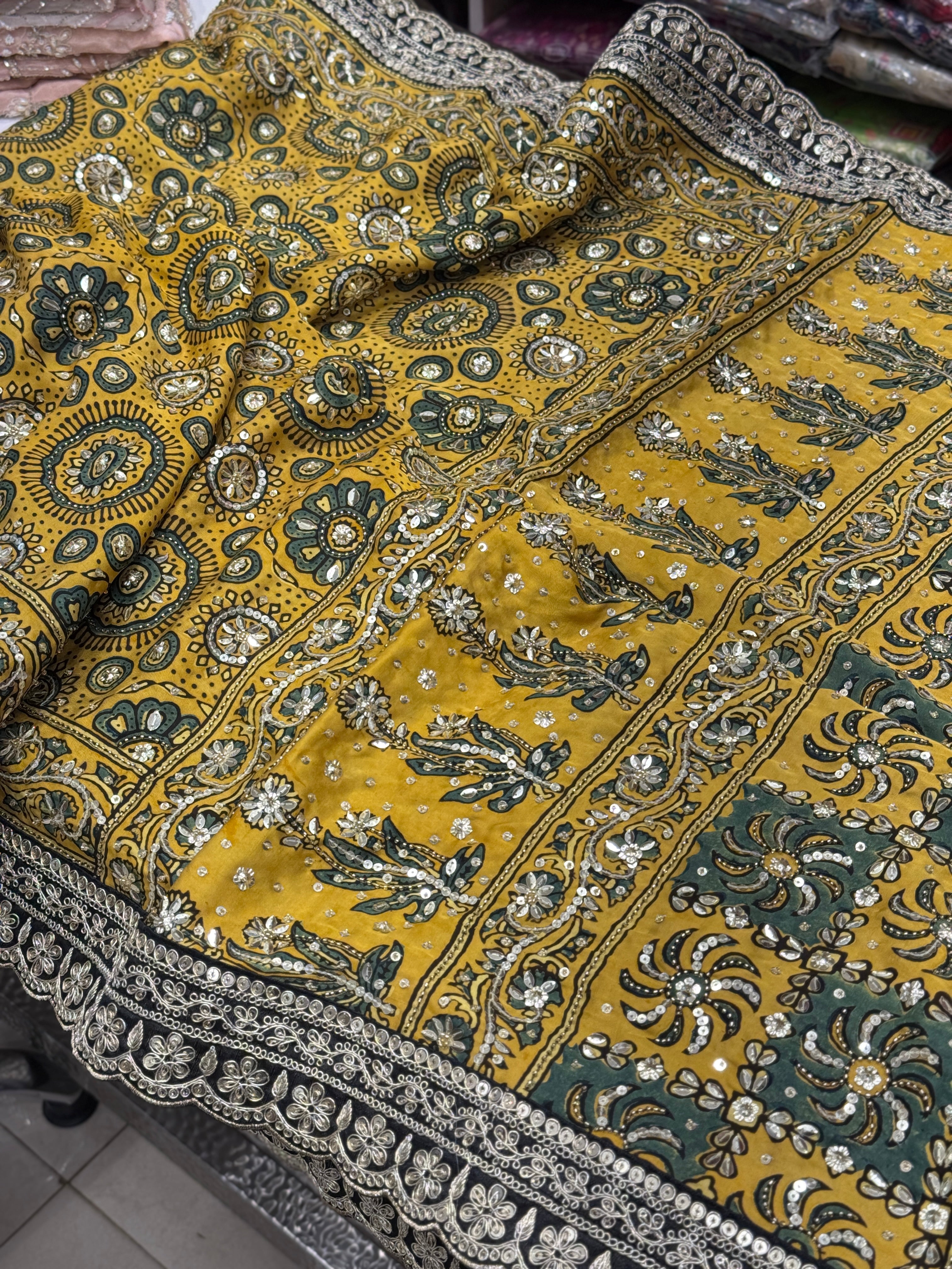 Yellow Ajrakh Hand Embroidery Saree