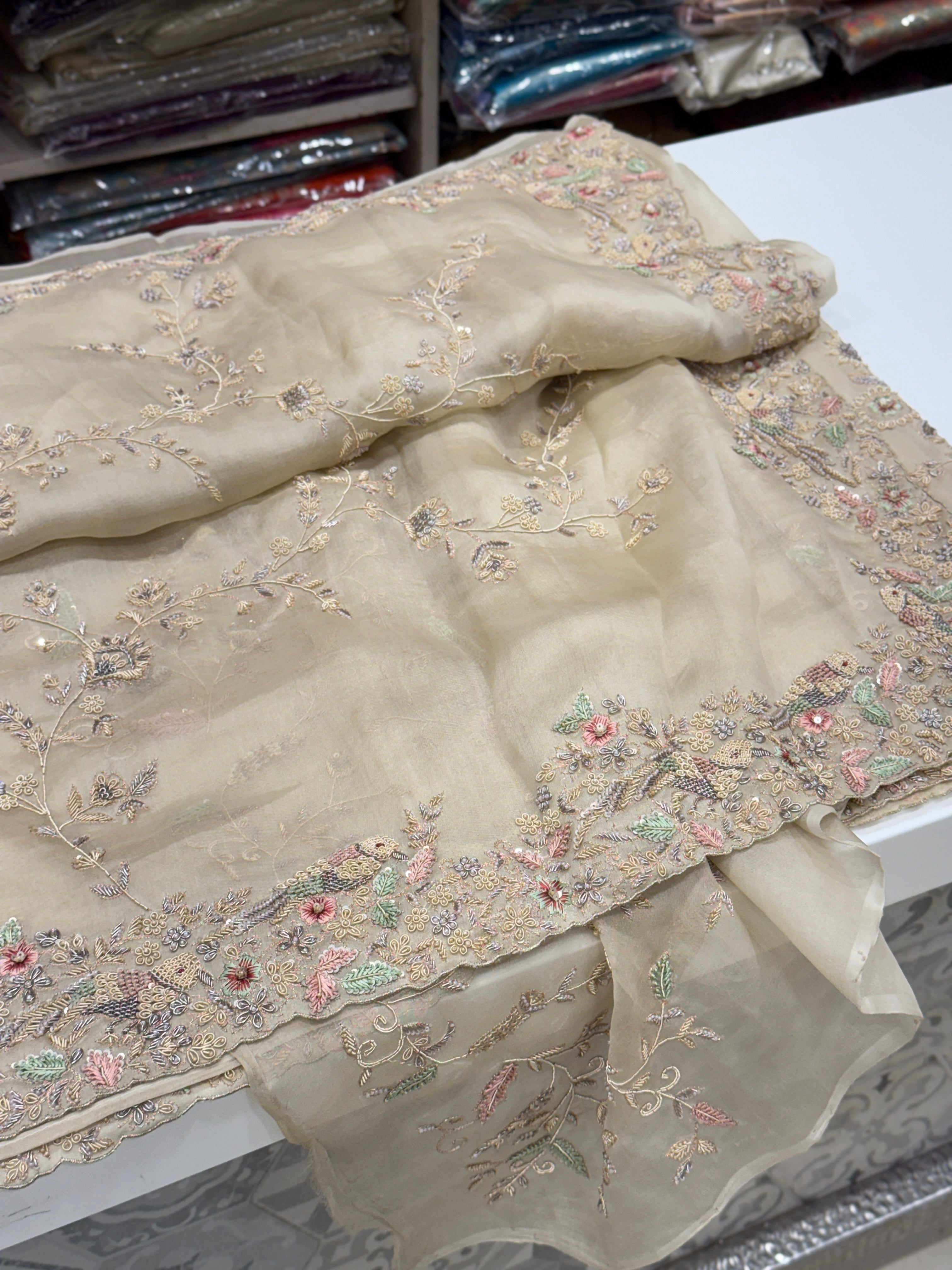 Pearl white Organza Zardosi Jaal Hand Embroidery Saree