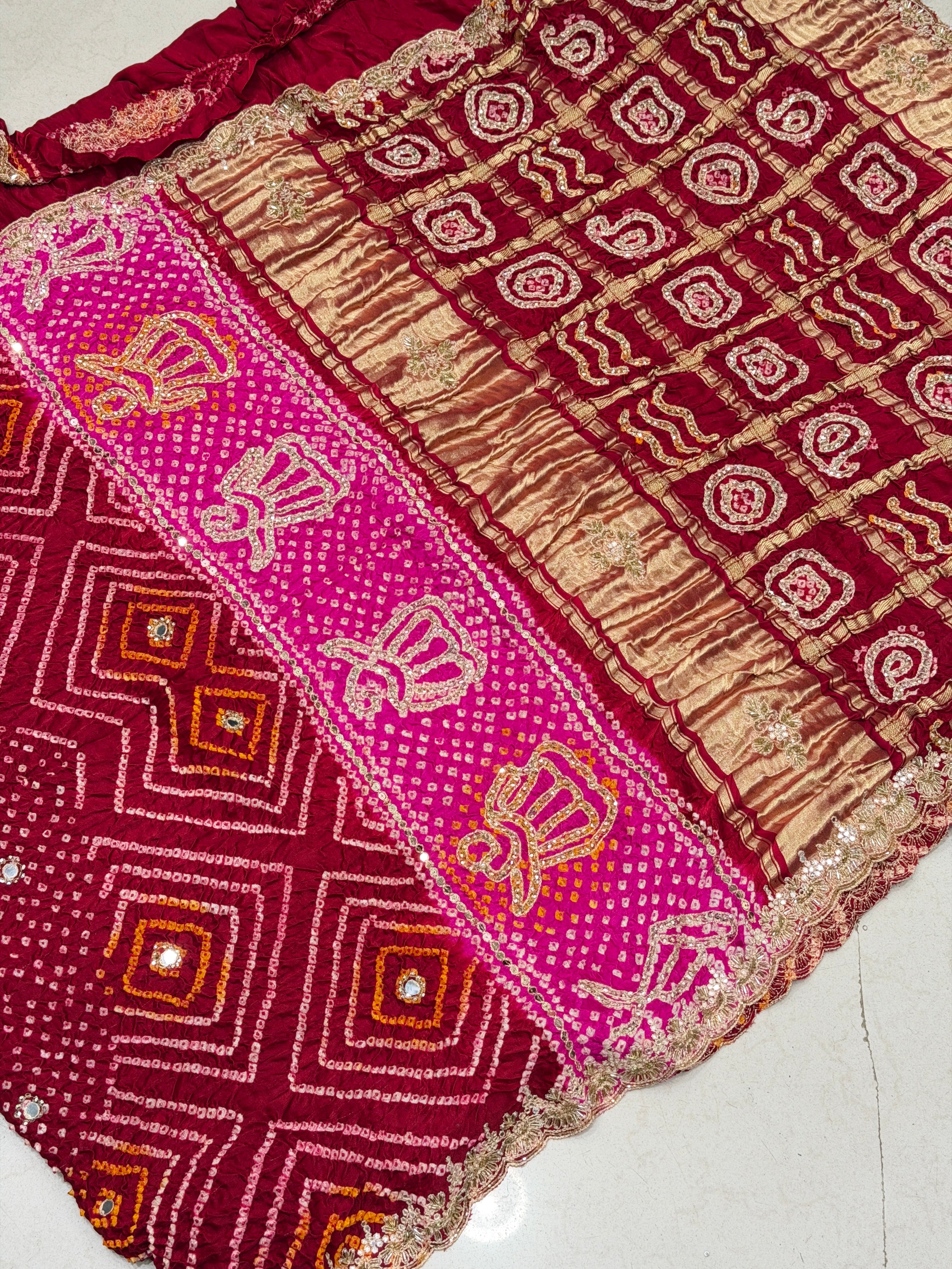 Maroon Rani Gajji Silk Rai Bandhej Gharchola Hand Embroidery Saree