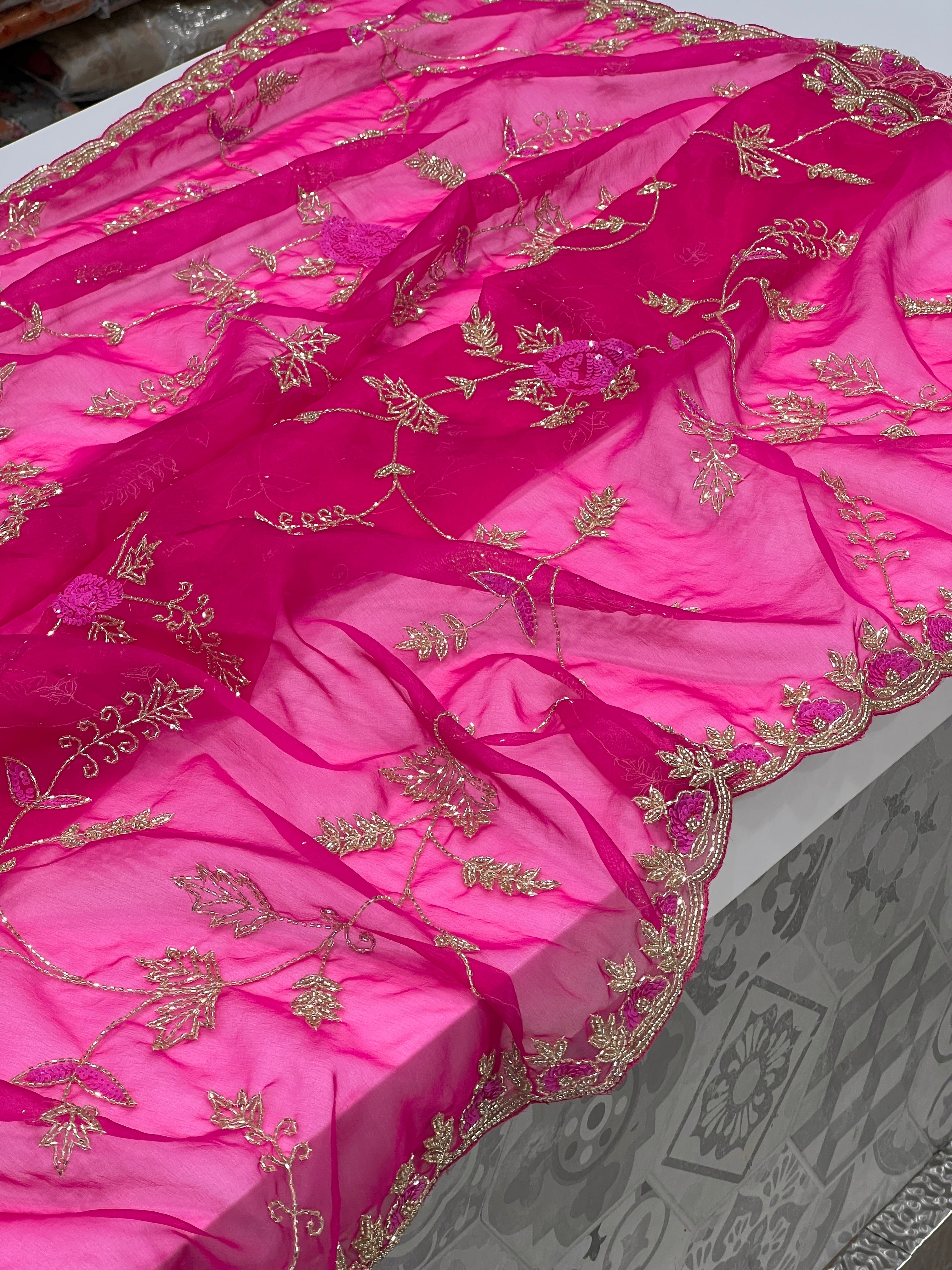 Rani Organza Hand Embroidery Jaal Saree