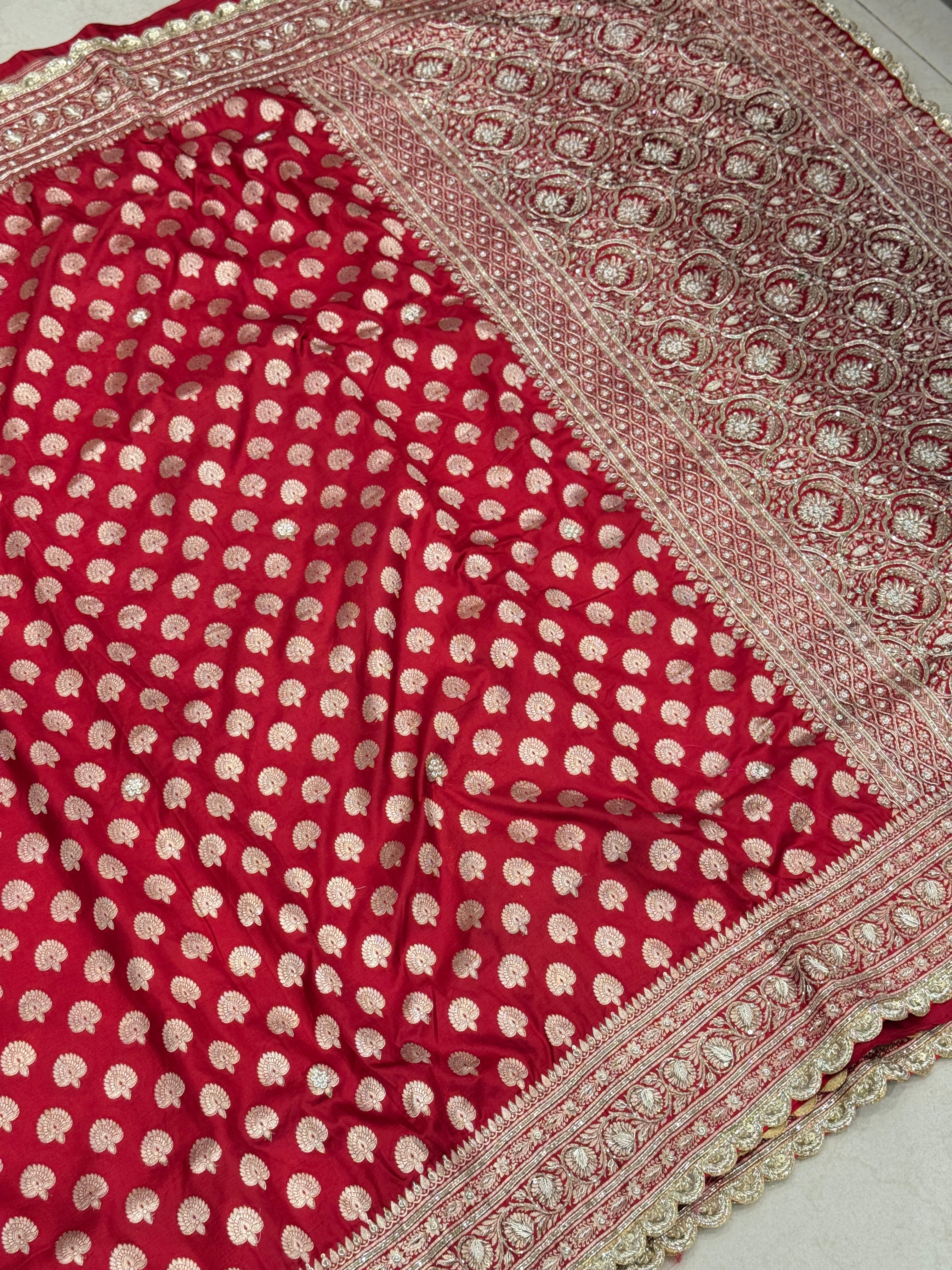 Red Buttis Handloom Banarasi Pure Katan Zardosi Embroidery Saree