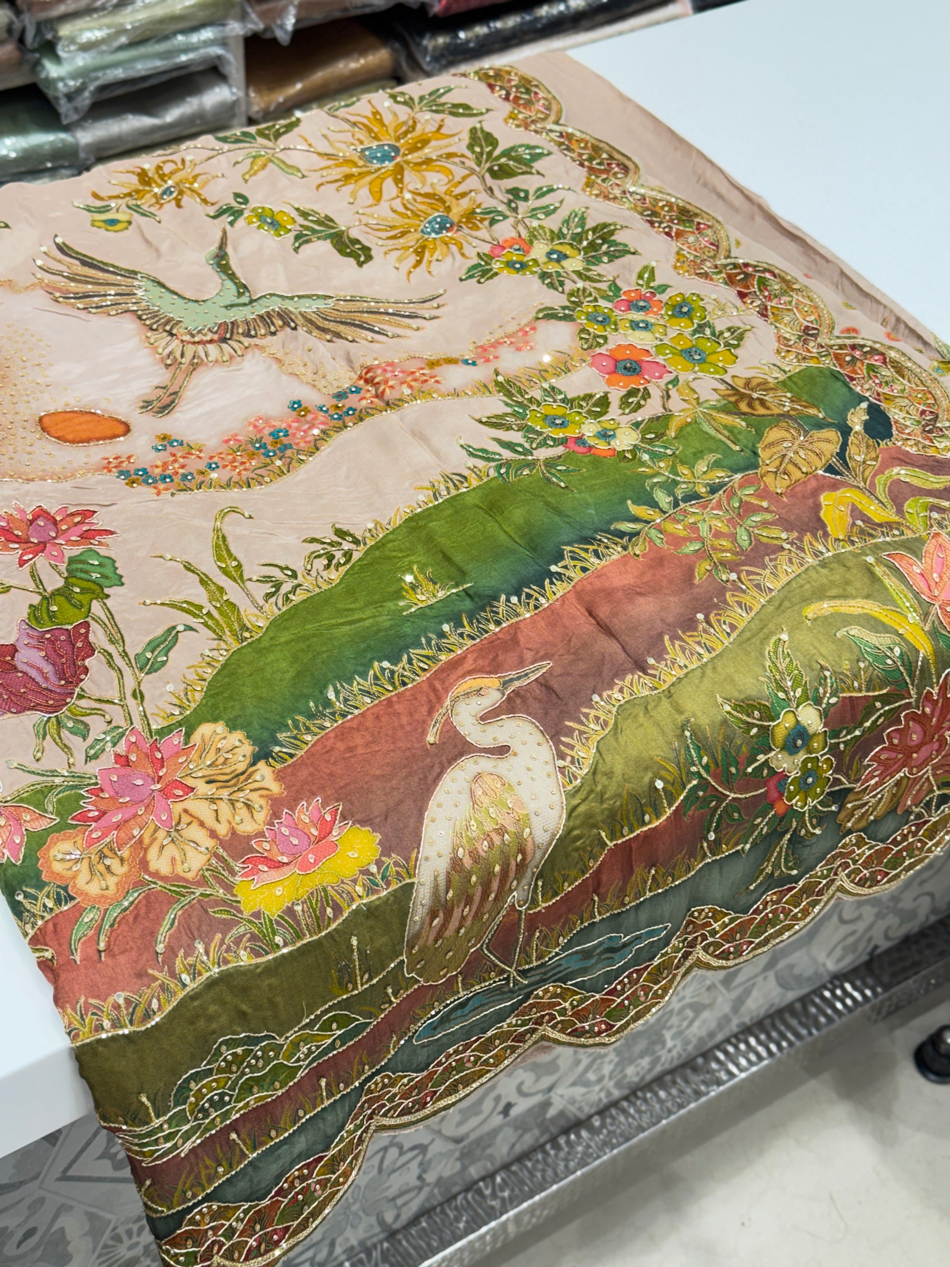 Nude Beige Landscape Hand Embroidery Saree