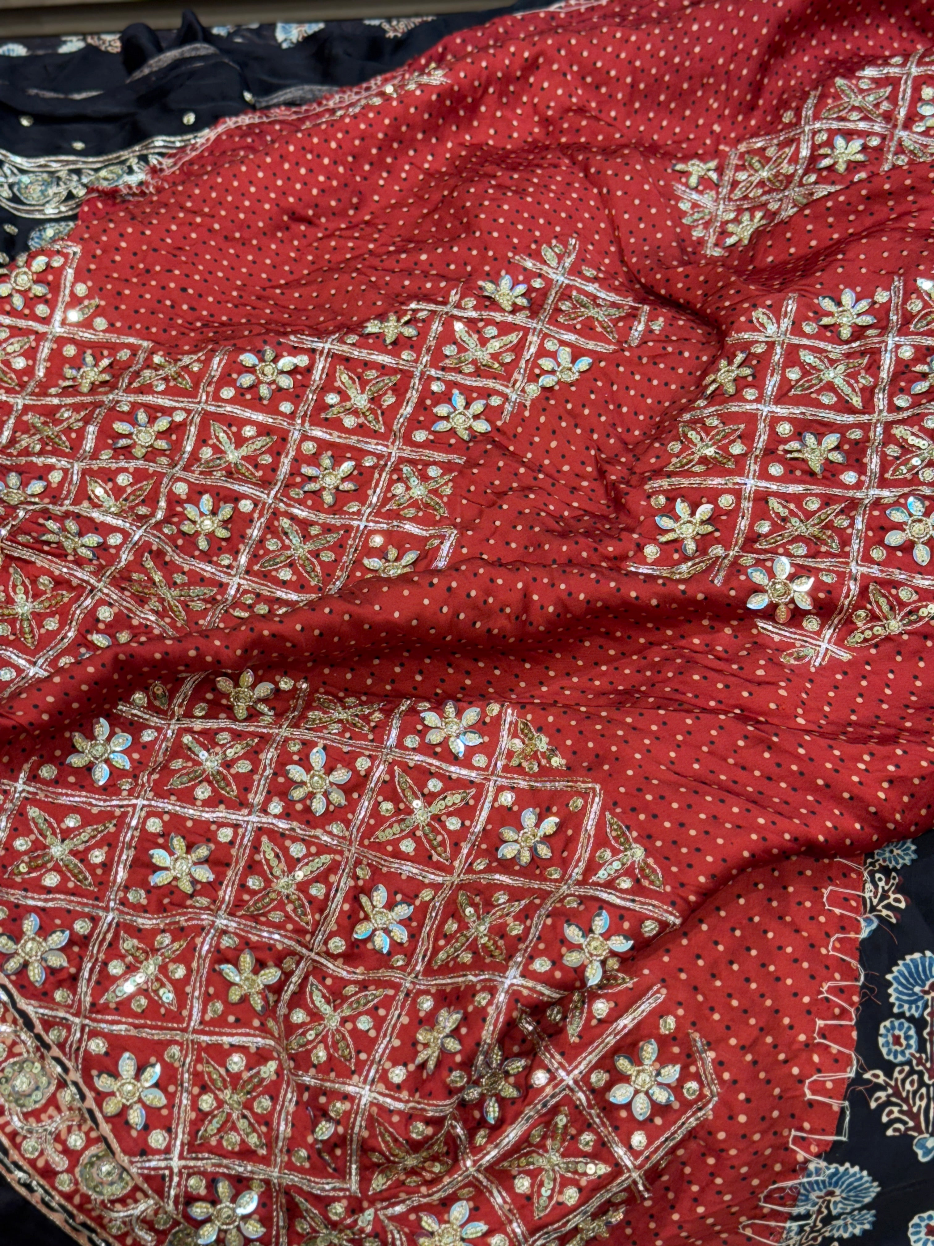 Black Red Pallu Floral Buttas Ajrakh Hand Embroidery Saree