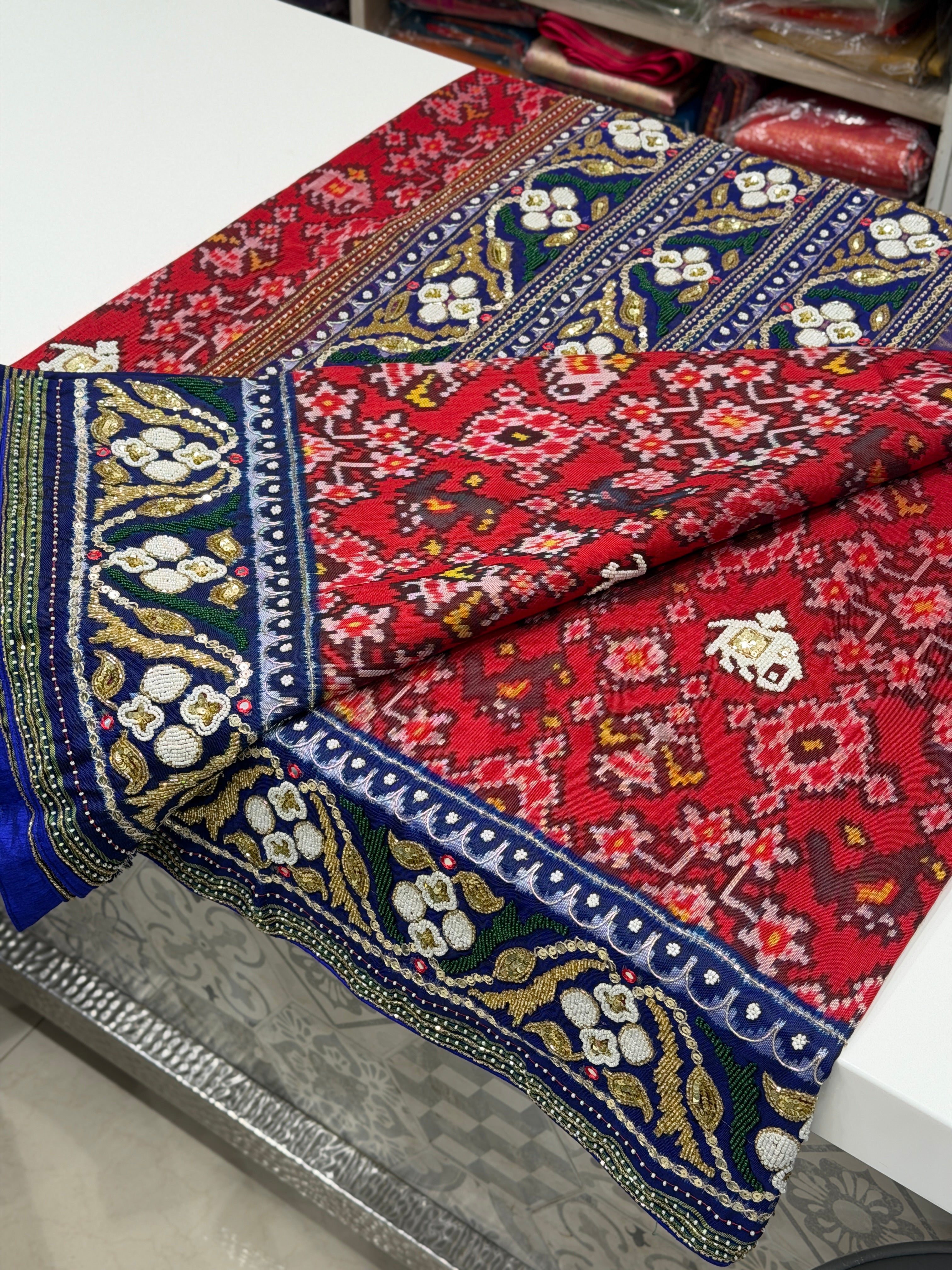 Red Blue Patan Patola Hand Embroidery Kidiya Moti Zardosi Saree