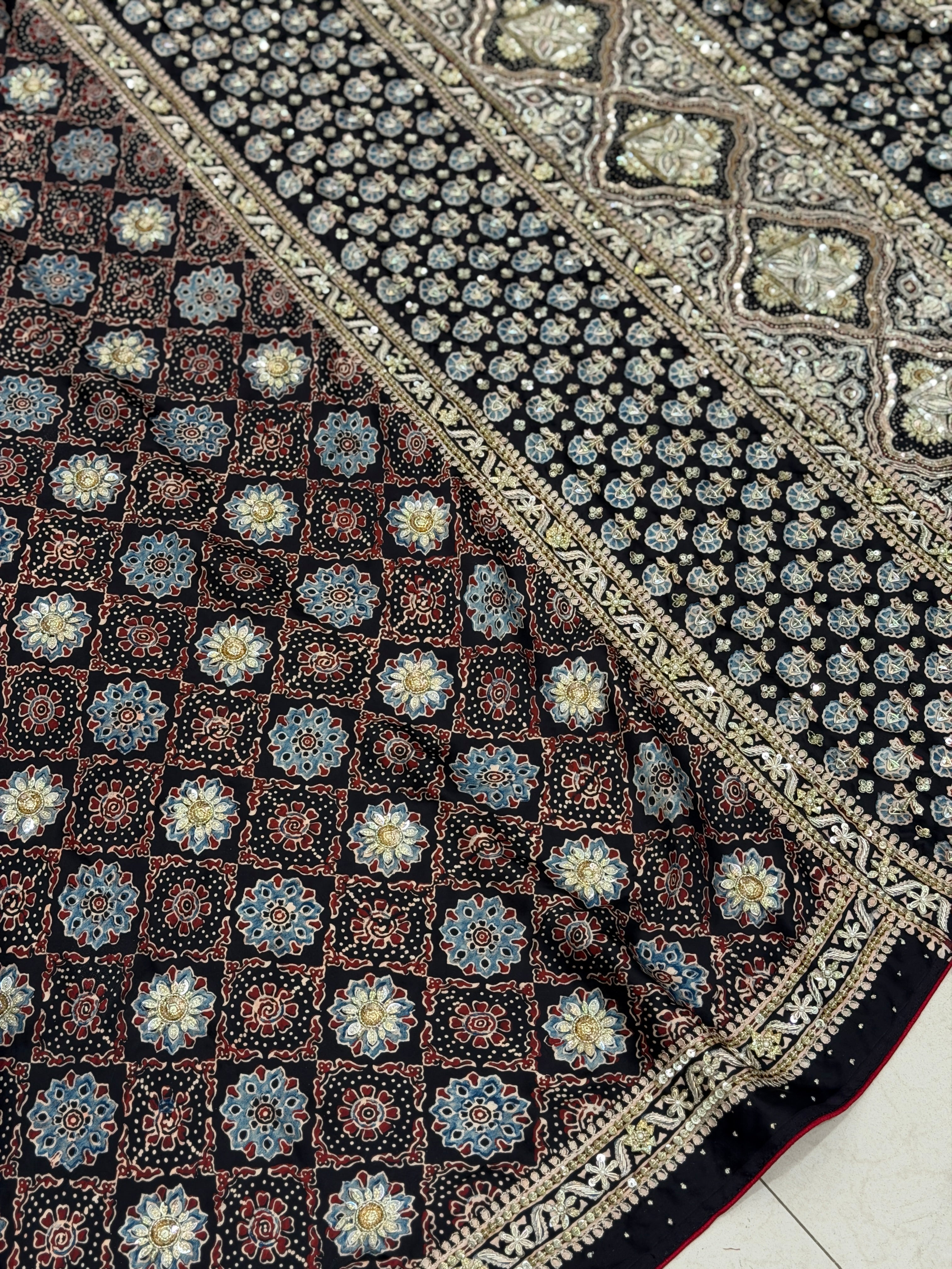 Black Floral Butta Pita Sequin Ajrakh Hand Embroidery Saree