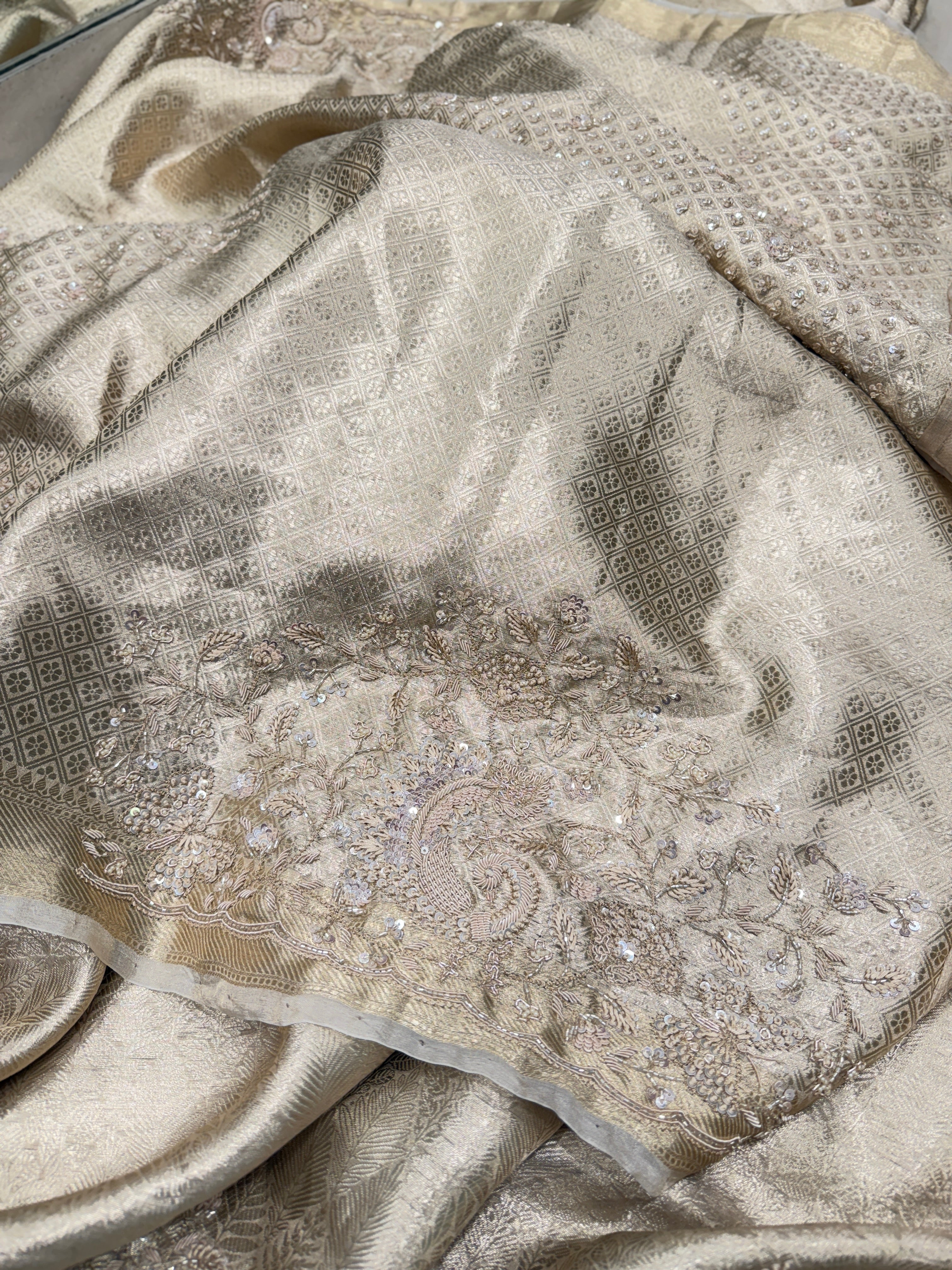 Light Gold Tissue Kanjivaram Zardosi Hand Embroidery Saree