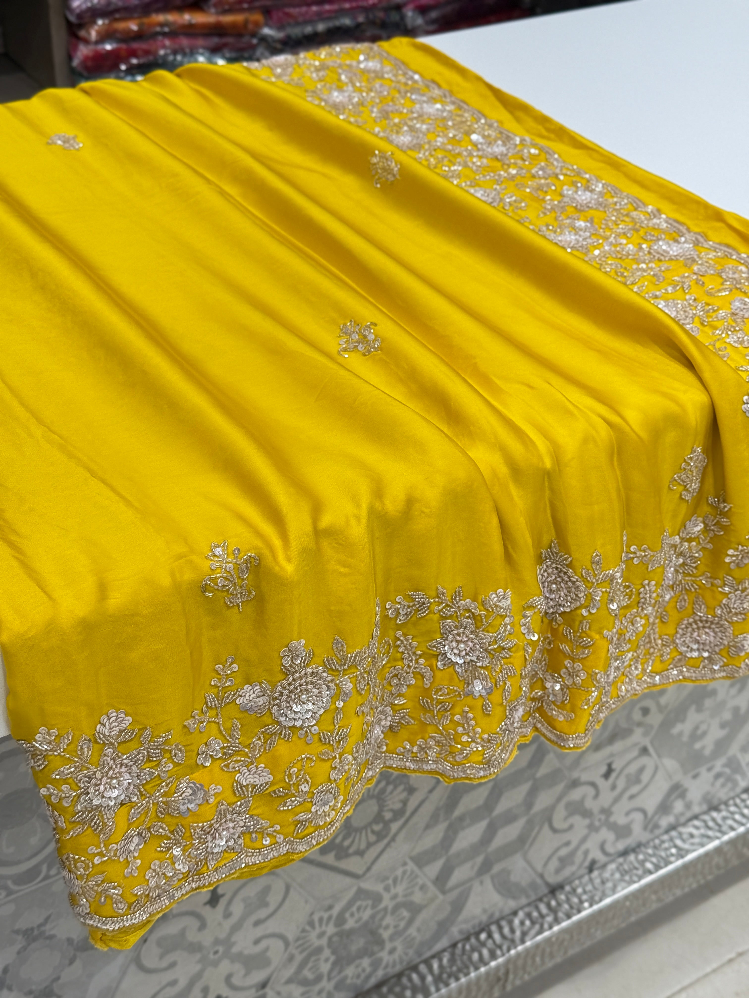 Yellow Satin Silk Hand Embroidery Moti Cutdana Saree