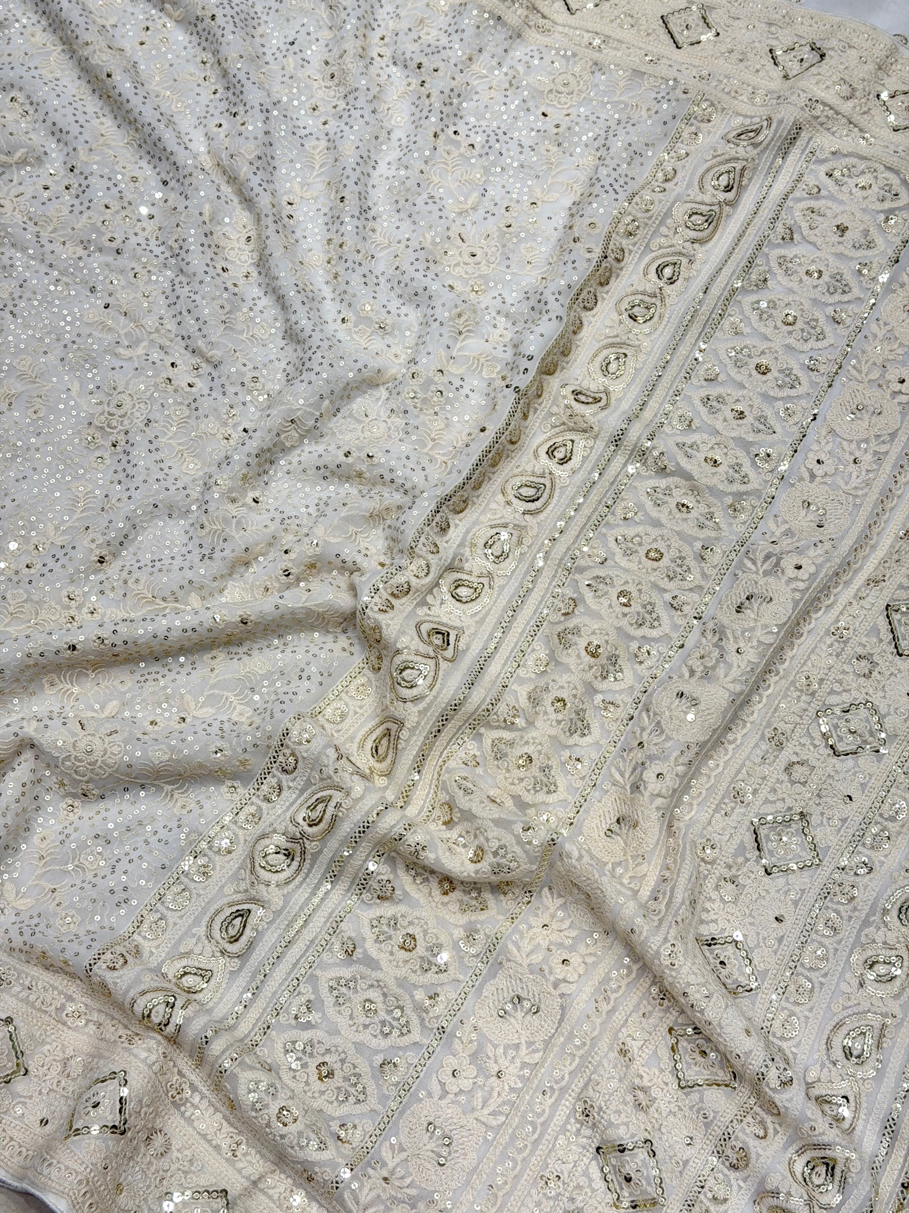 Moti White Sequin Embroidery Georgette Chikankari Resham Saree