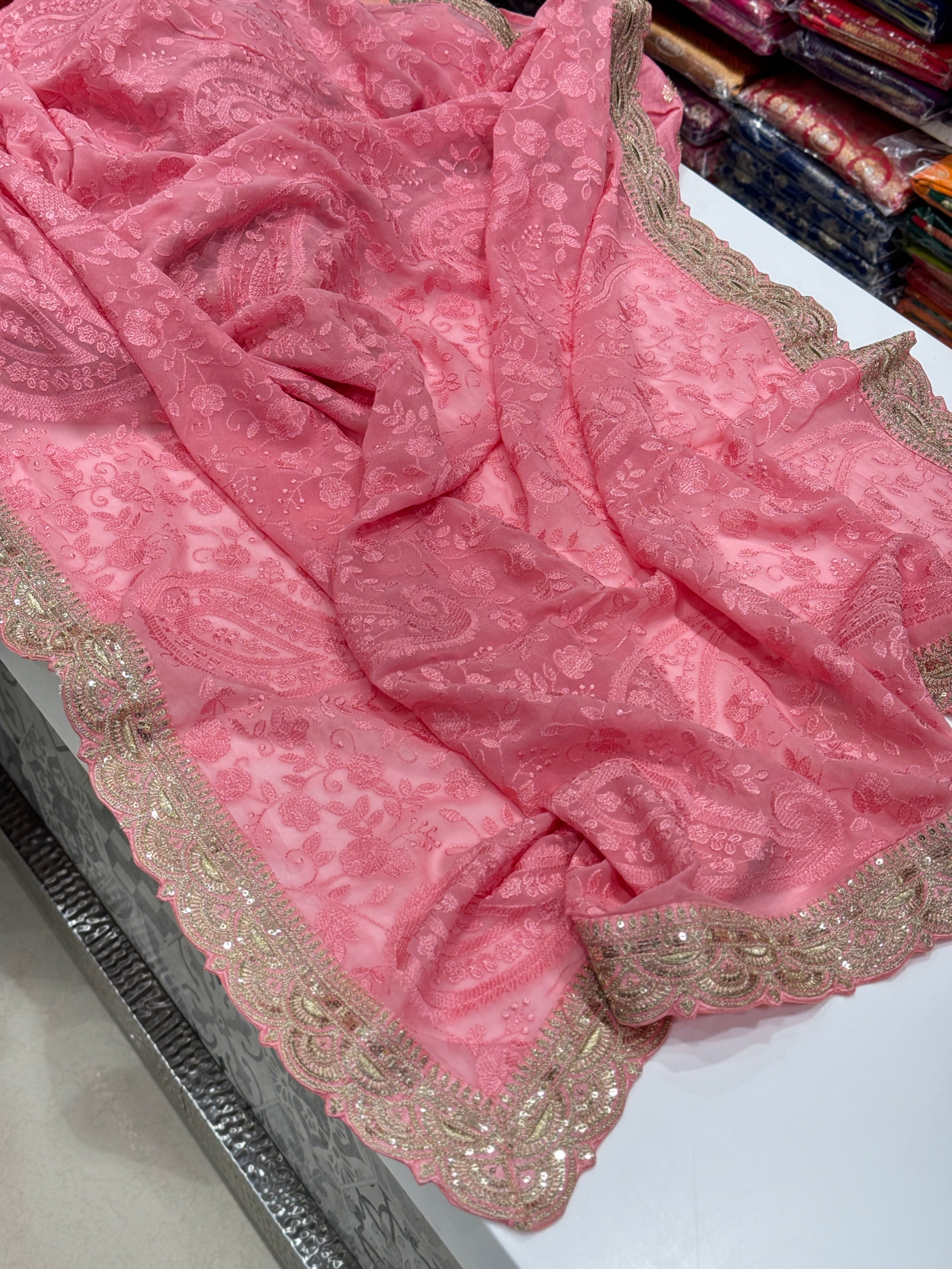 Pink Chikankari Patchwork Saree
