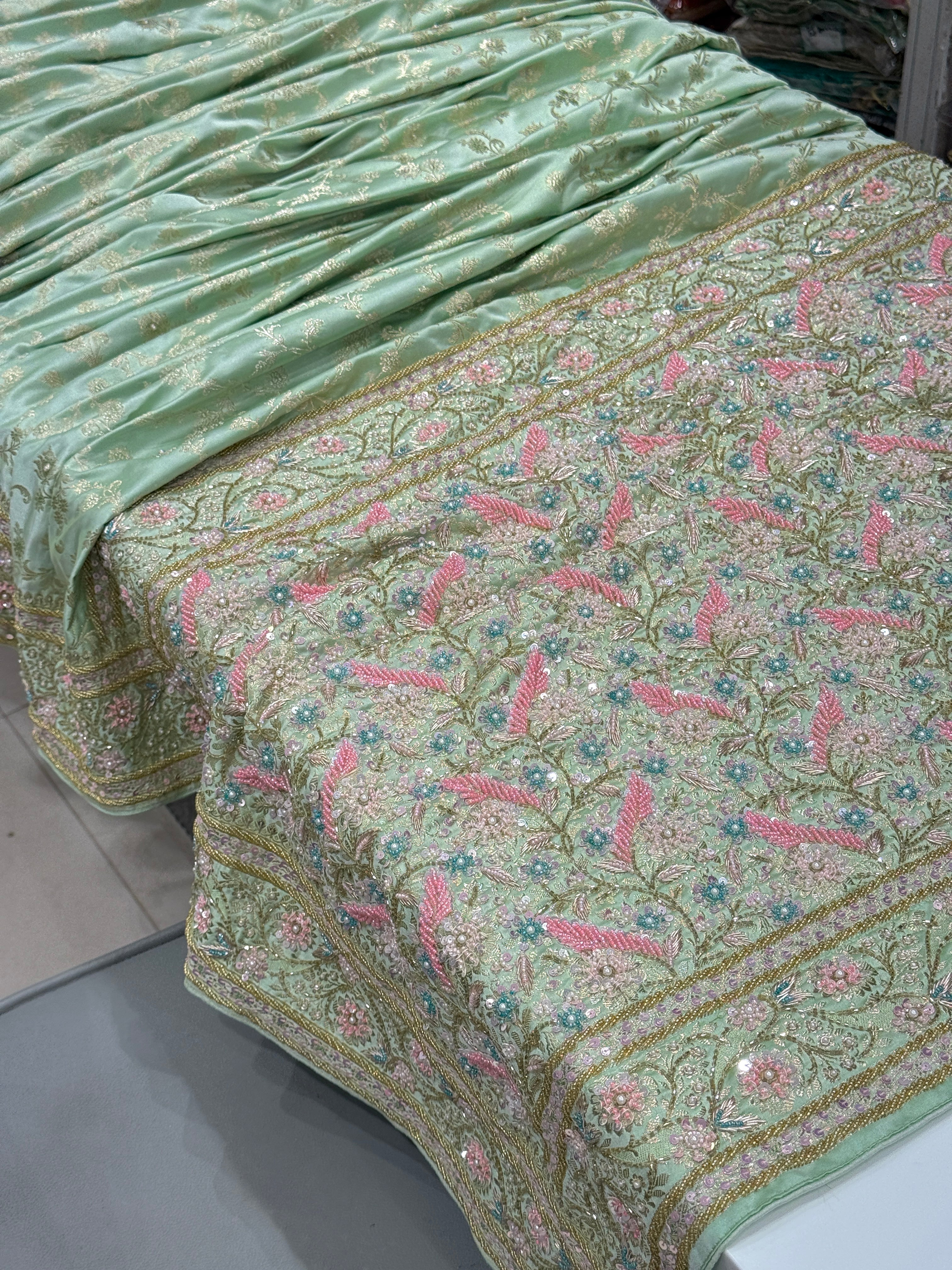 Green Banarasi Upside Down Border Fancy Hand Embroidery Saree