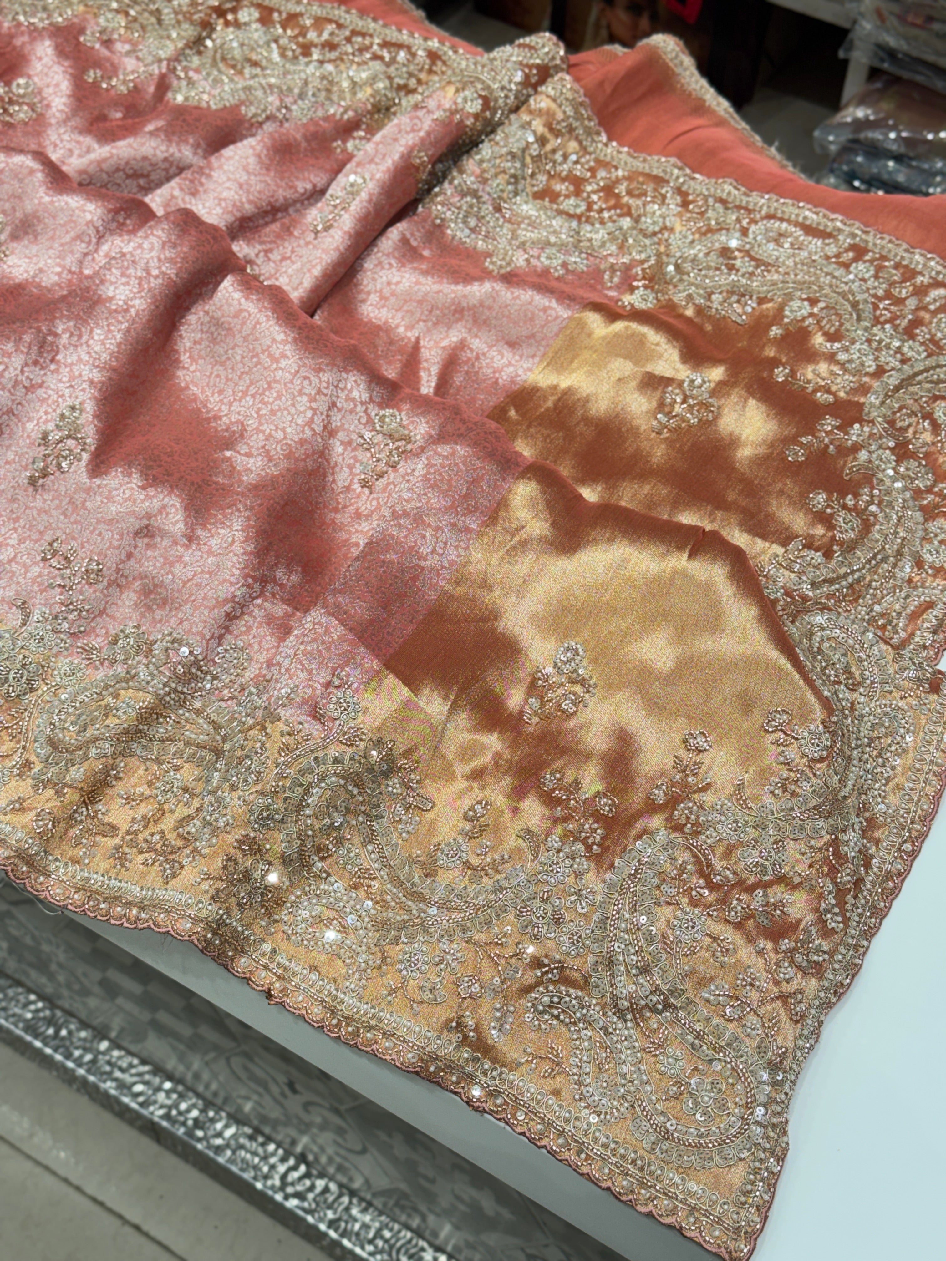 Pink Soft Silk Crystal Moti Embroidered Saree