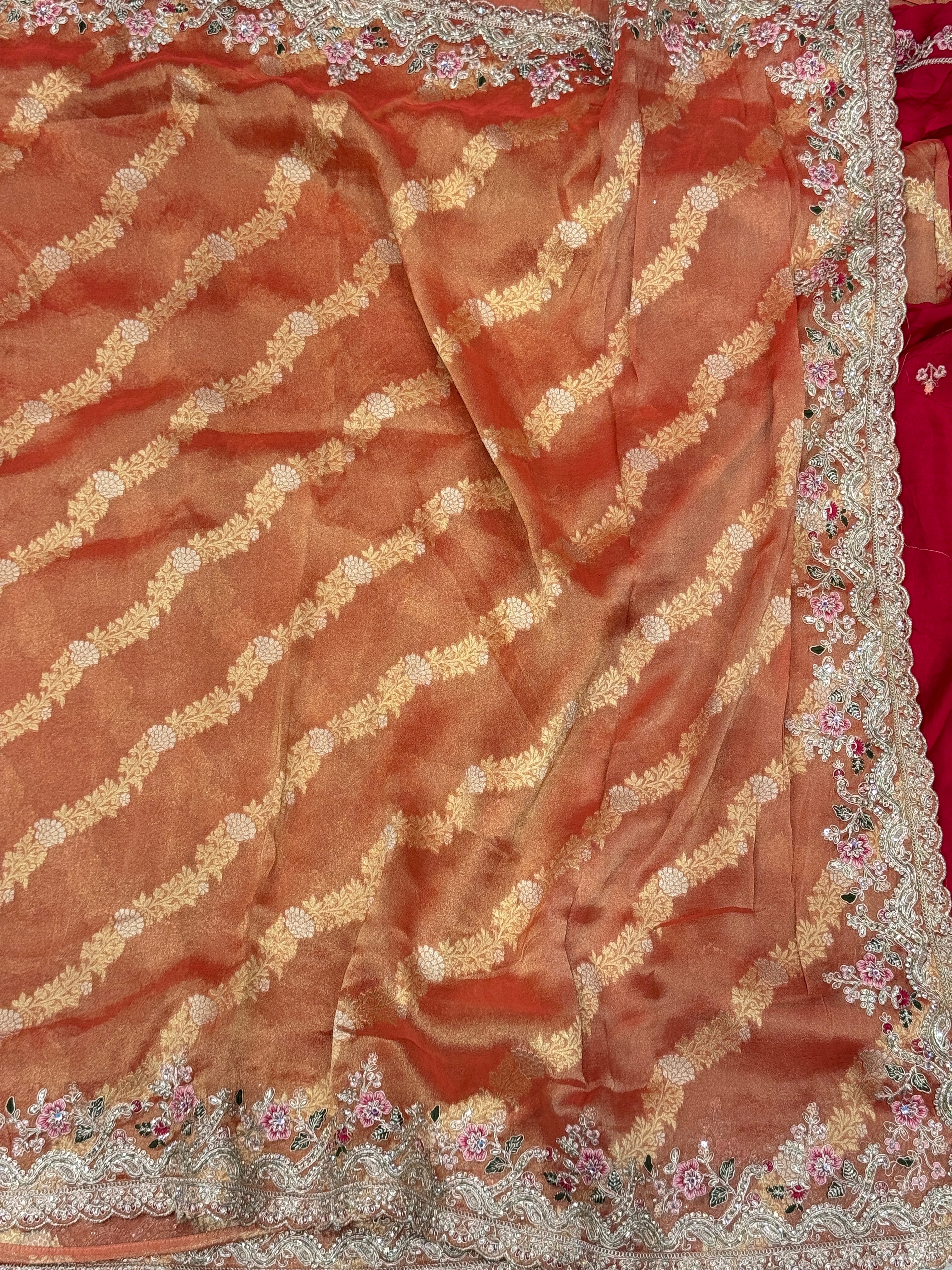 Rust Tissue Weaved Resham Zari Embroidery Saree