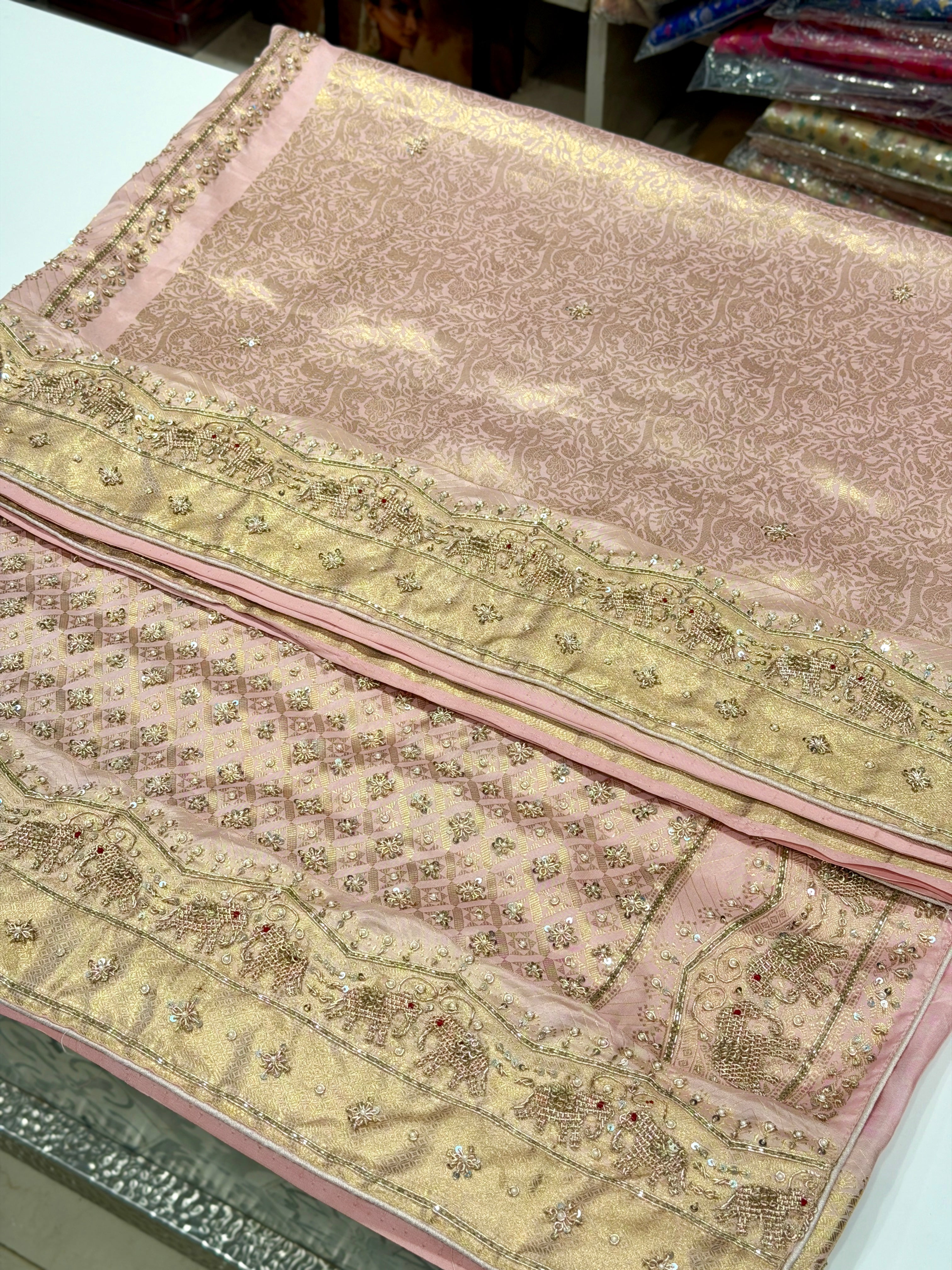 Light Pink Kanjivaram Elephant Motif Jaal Zardozi Hand Embroidery Saree