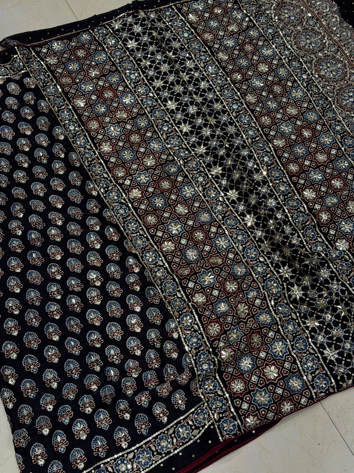 Black Keri Butti Ajrakh Sequin Moti Hand Embroidery Saree