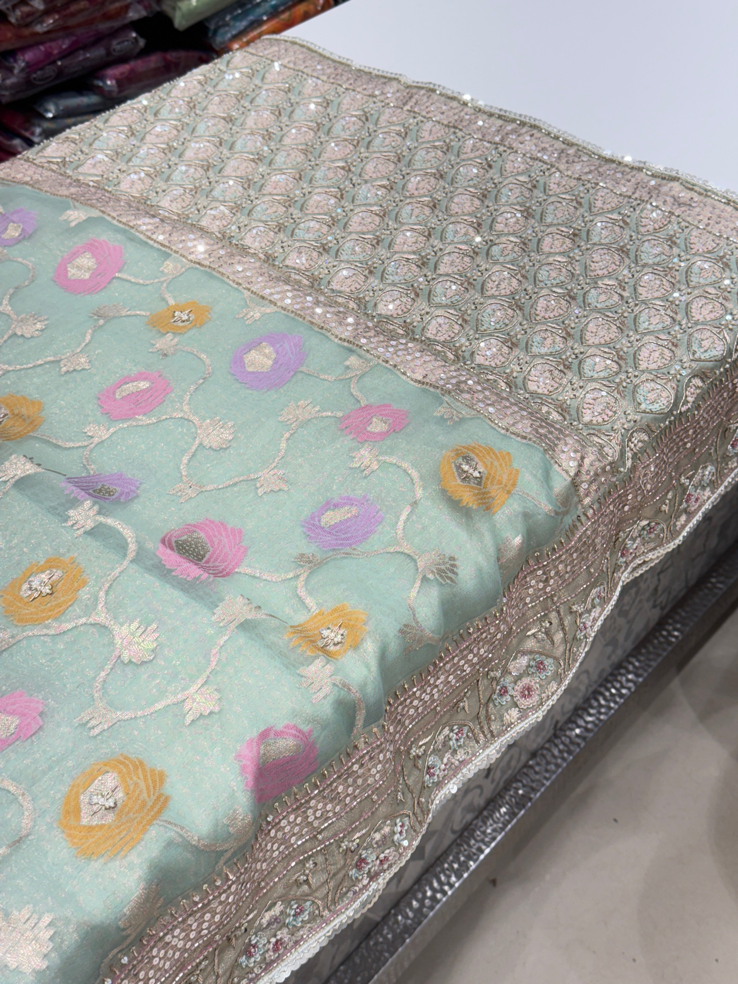 Light Blue Meenakari Banarasi Kora Sequin Zardosi Hand Embroidery Saree