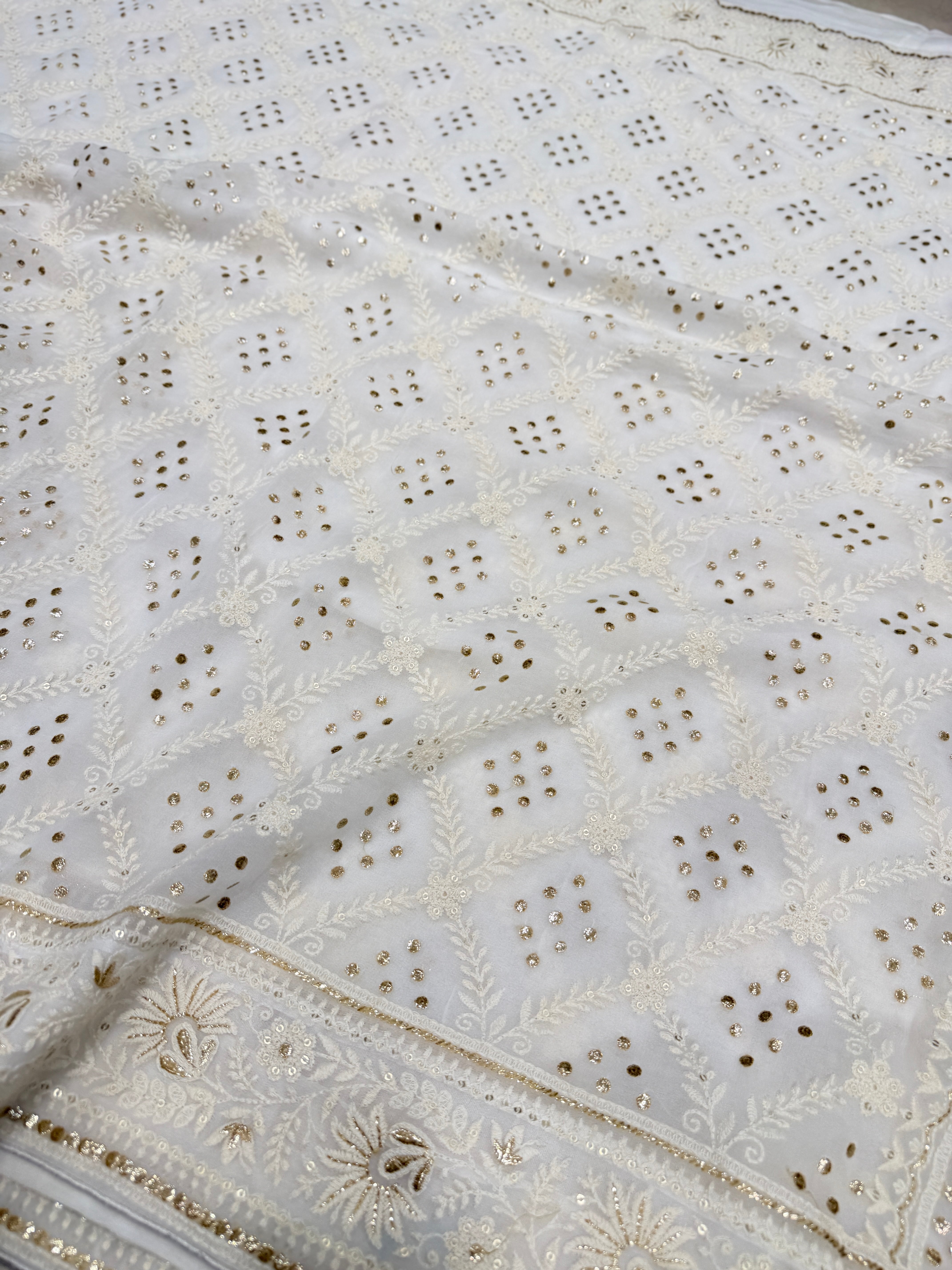 Moti White Georgette Badla Embroidery Chikankari Resham Saree