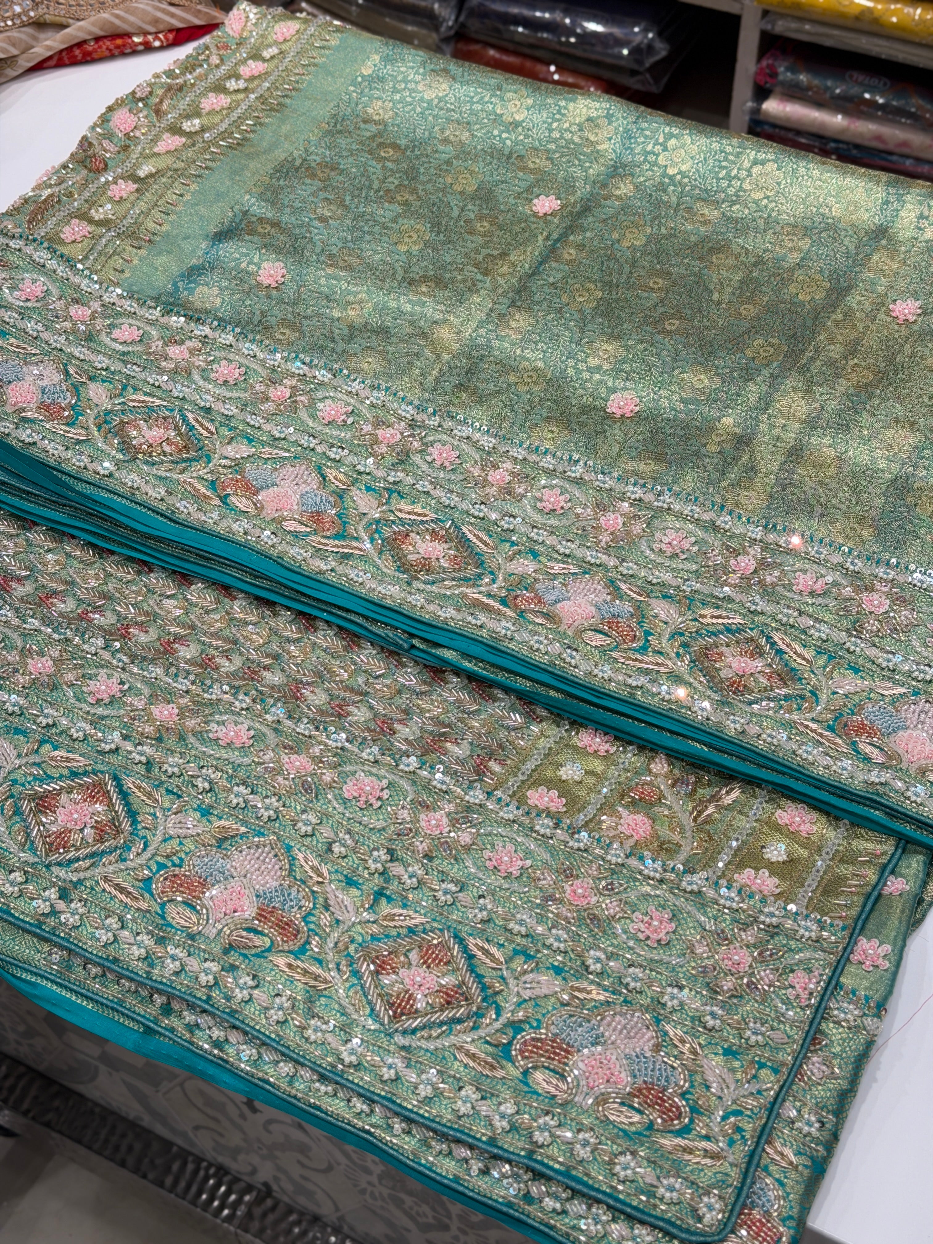 Pista Green Floral Tissue Kanjivaram Hand Embroidery Saree