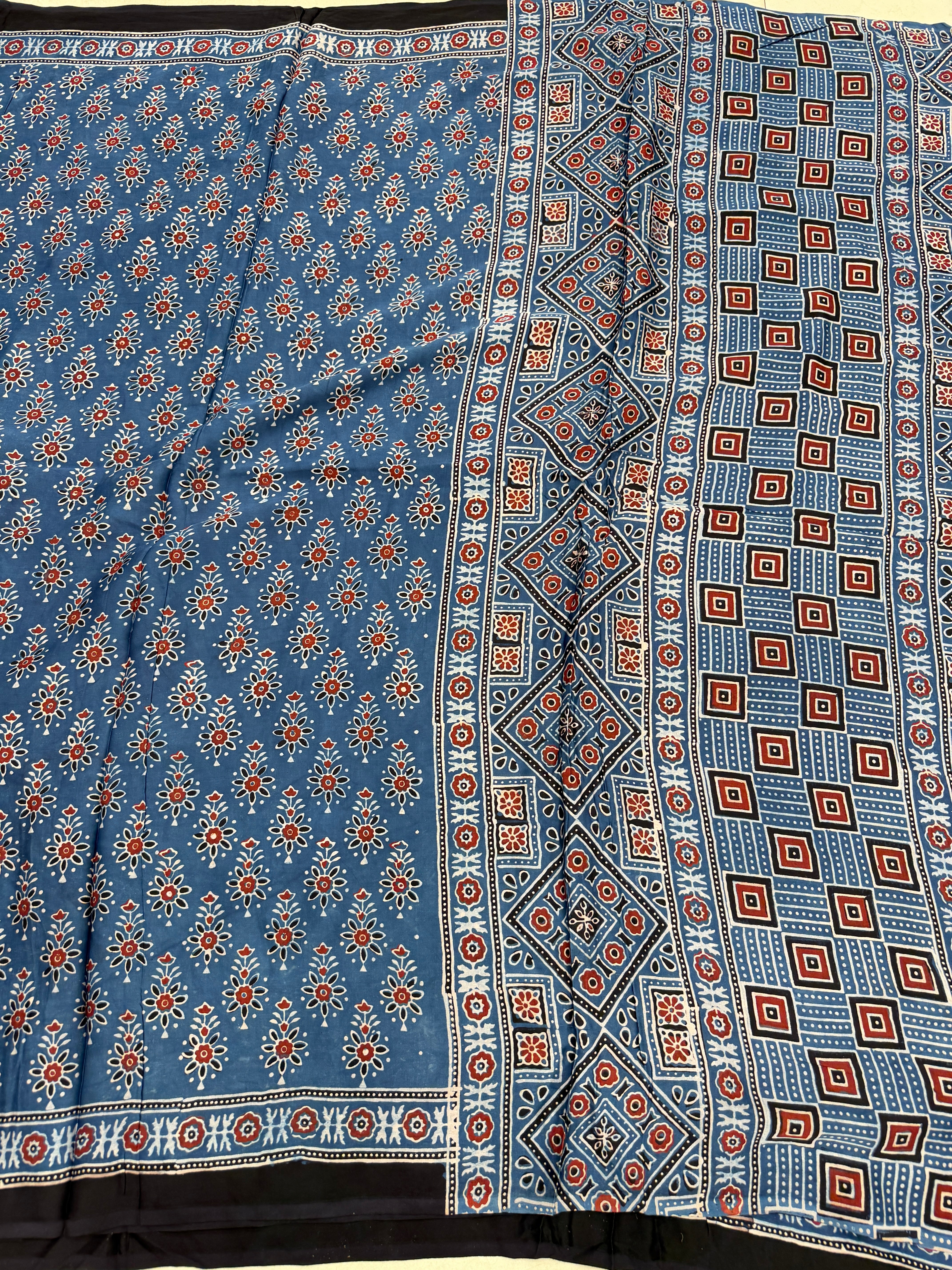Blue Makkhi Buttis Ajrakh Hand Block Print Pure Gajji Silk Saree