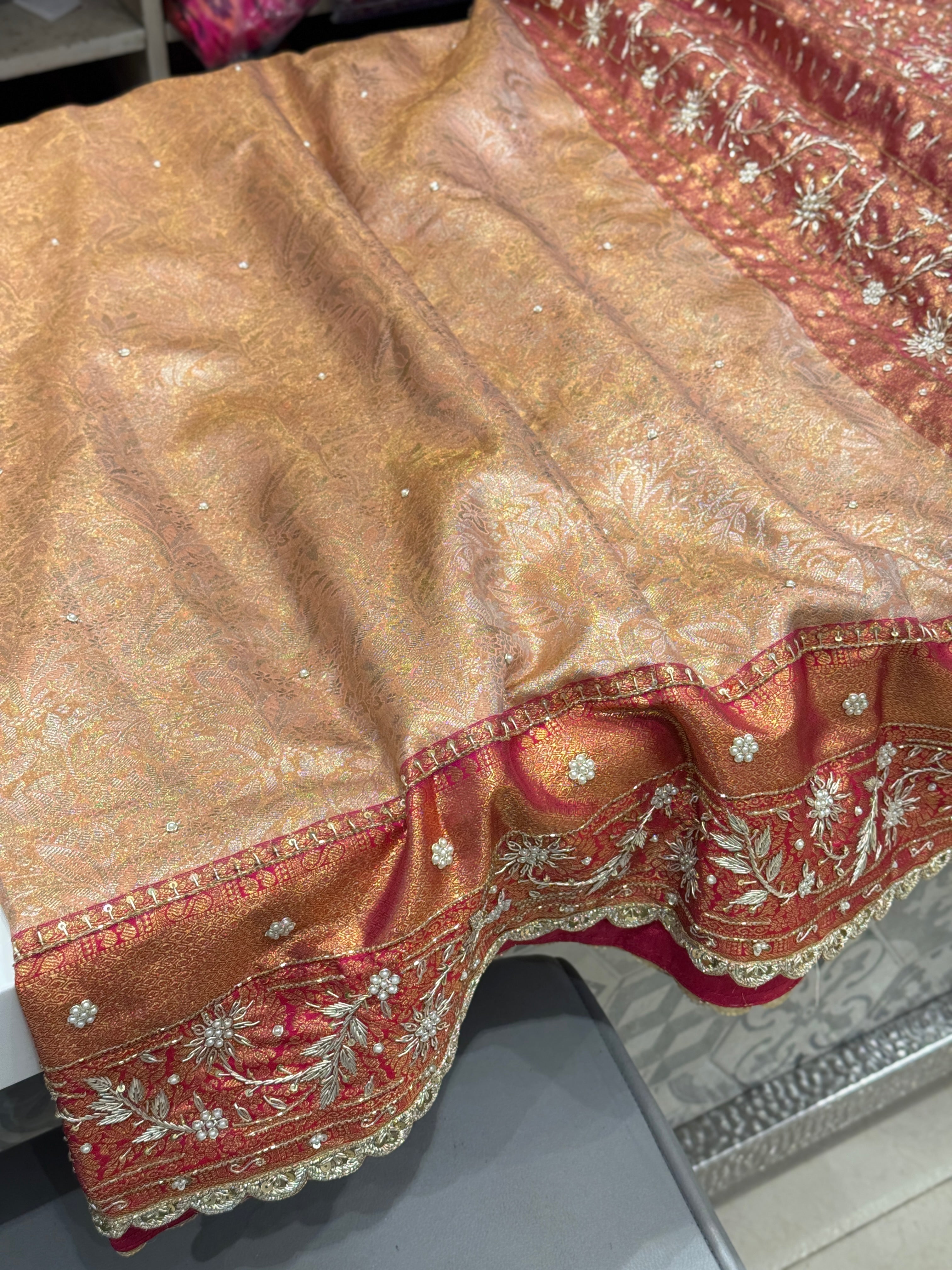 Peach Tissue Kanjivaram Hand Embroidery Saree