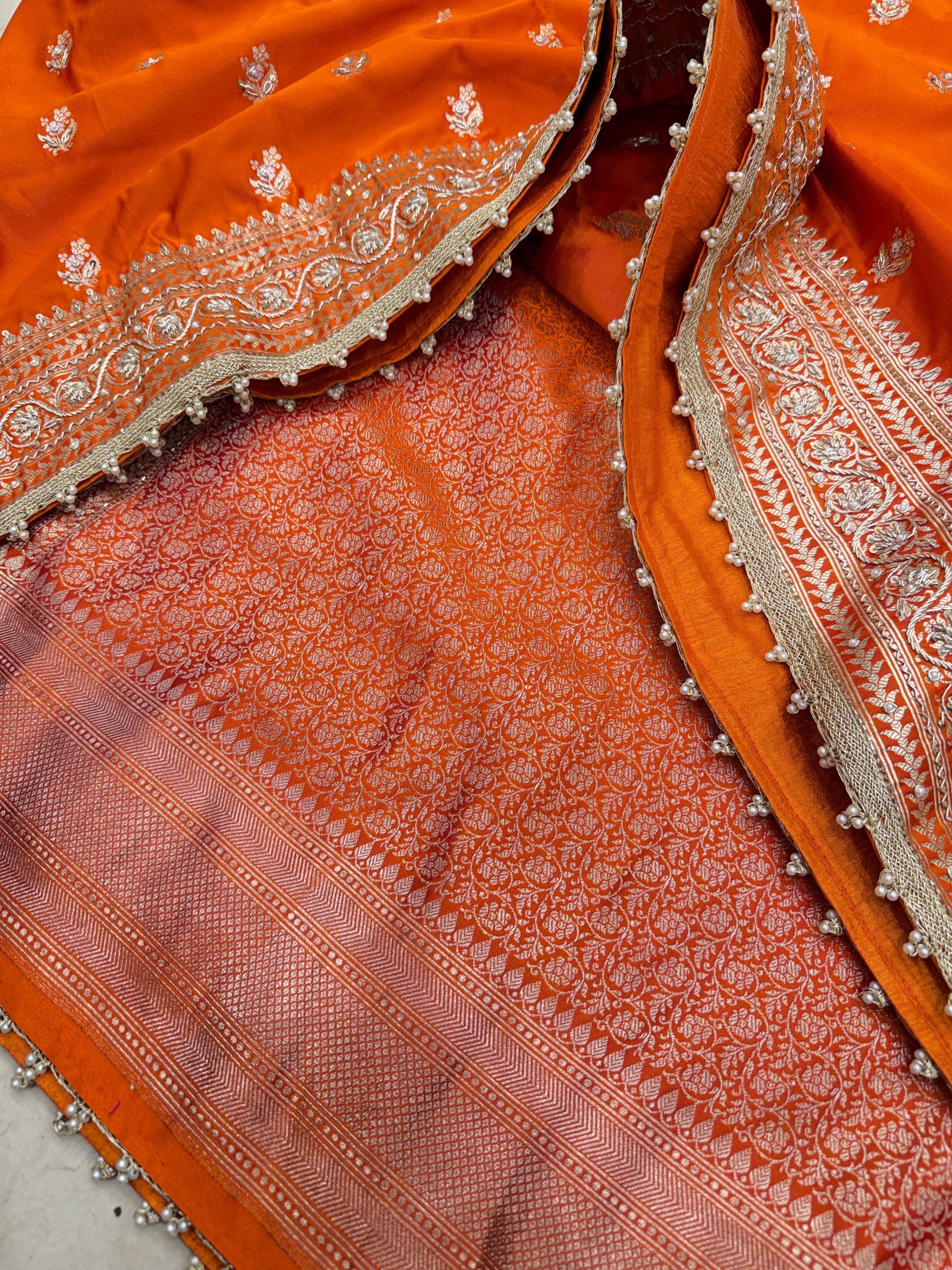 Rust Orange Banarasi Buttis Zardosi Hand Embroidery Saree