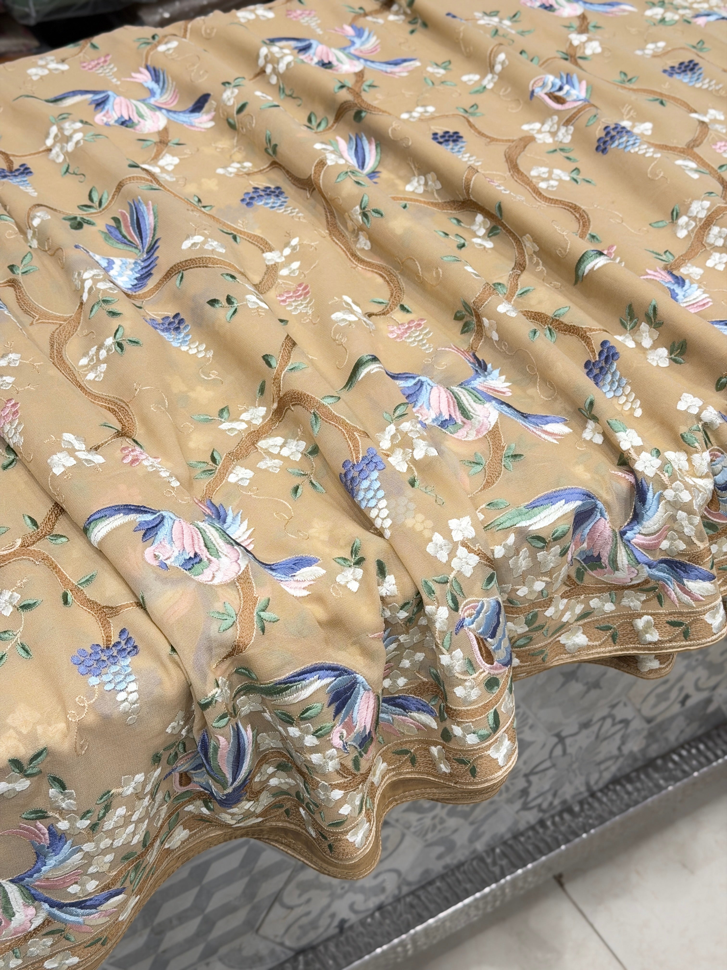 Beige Georgette Chakla Chakli Embroidery Parsi Gara Saree