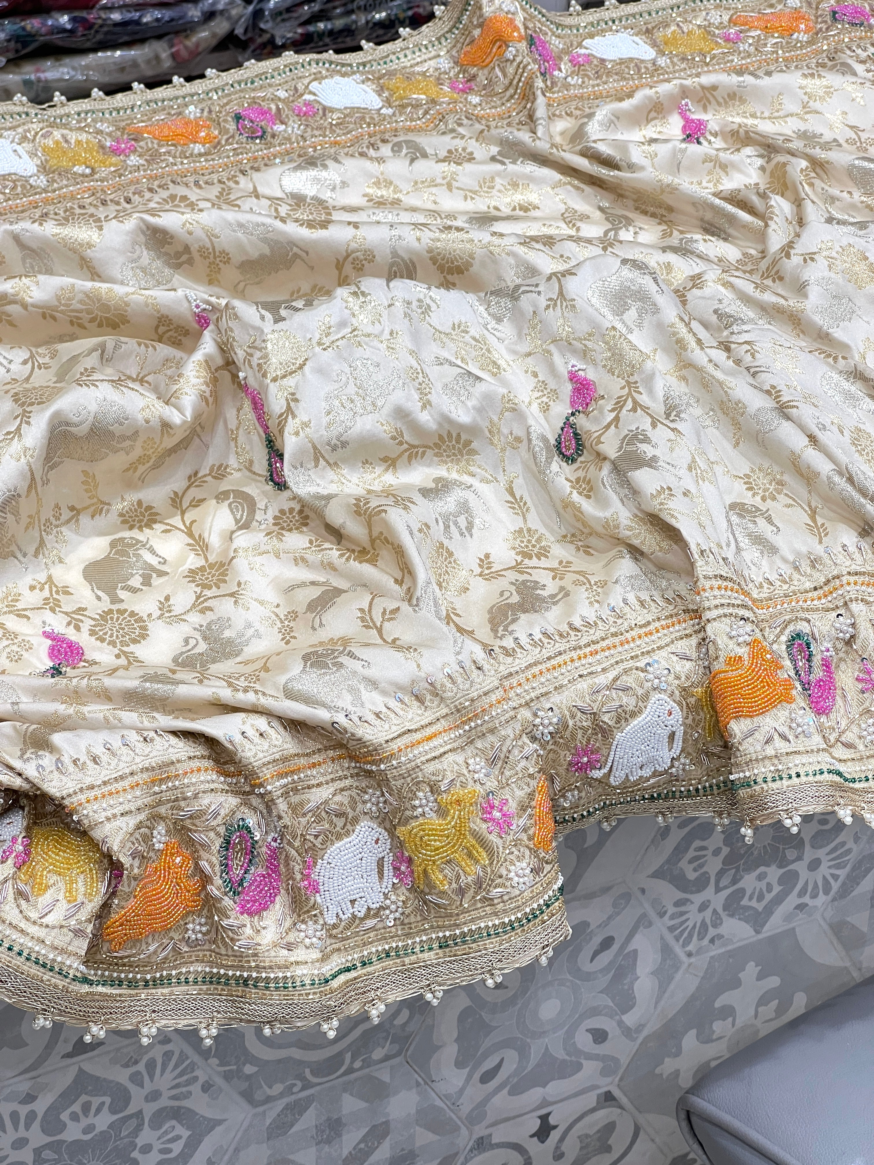 Off White Shikara Fancy Hand Embroidery Saree