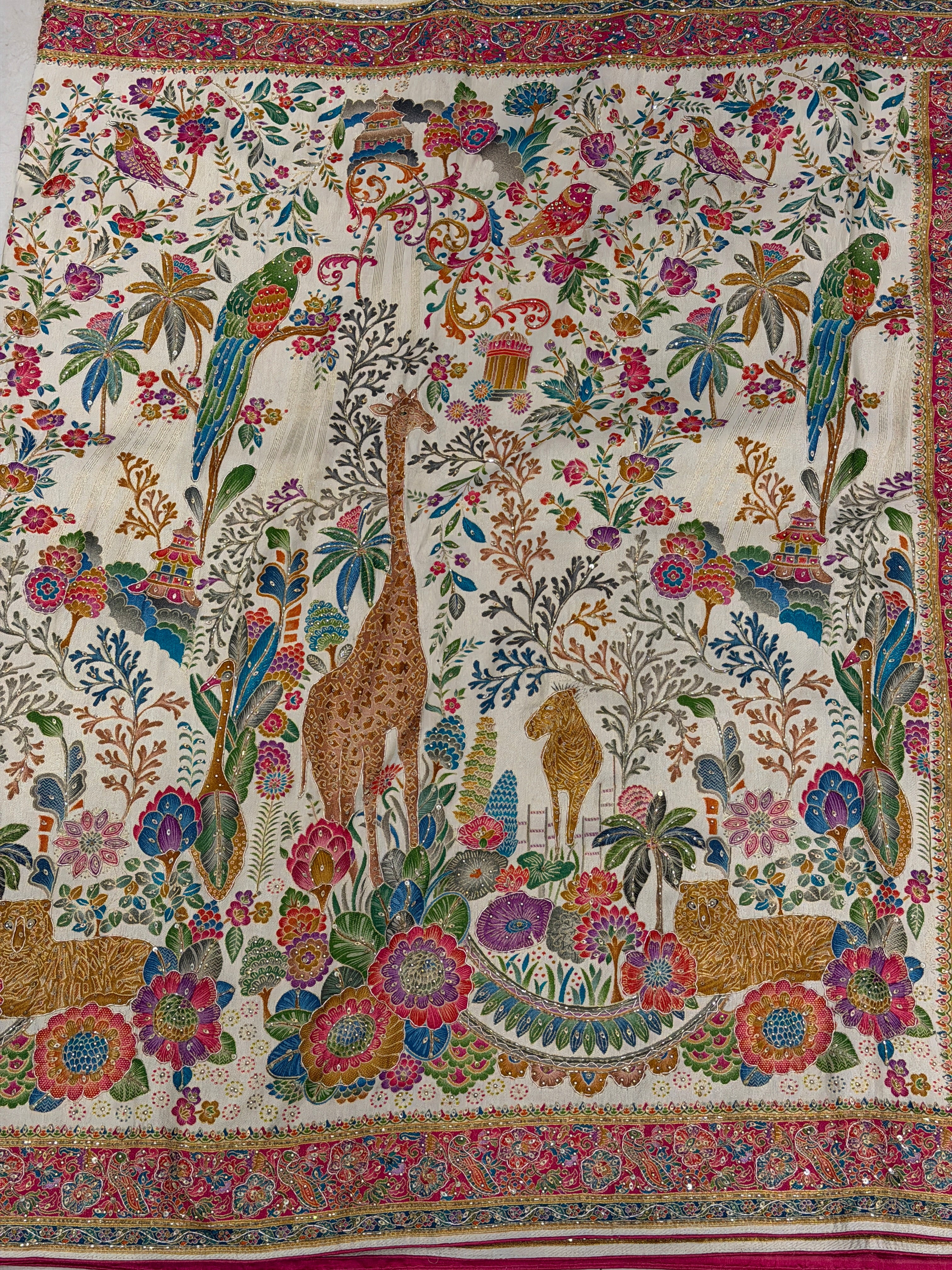 Beige Munga Forrest Essential Theme Pashmina Munga Hand Embroidery Saree