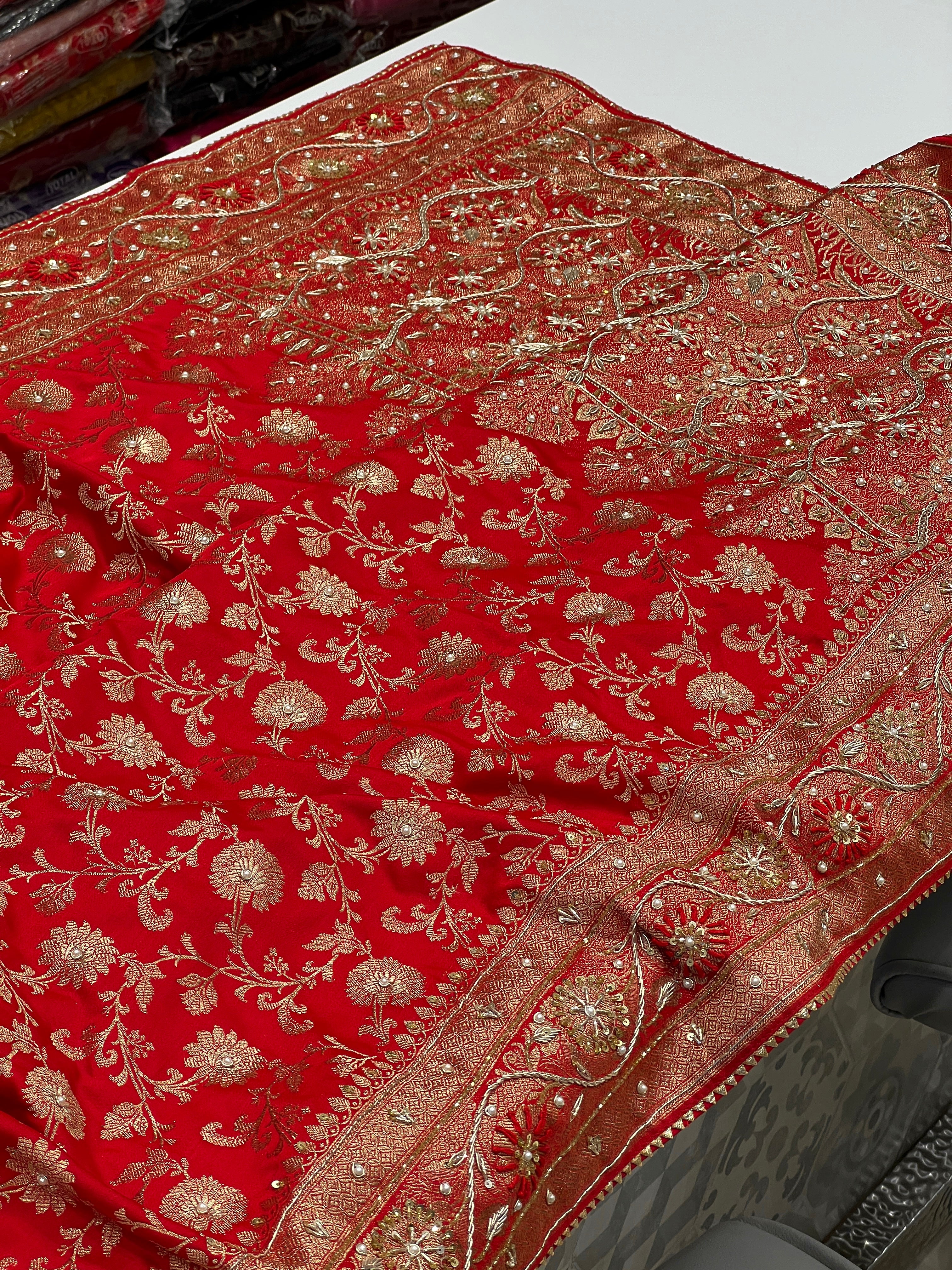 Red Banarasi Small Jaal Resham Embroidery Saree