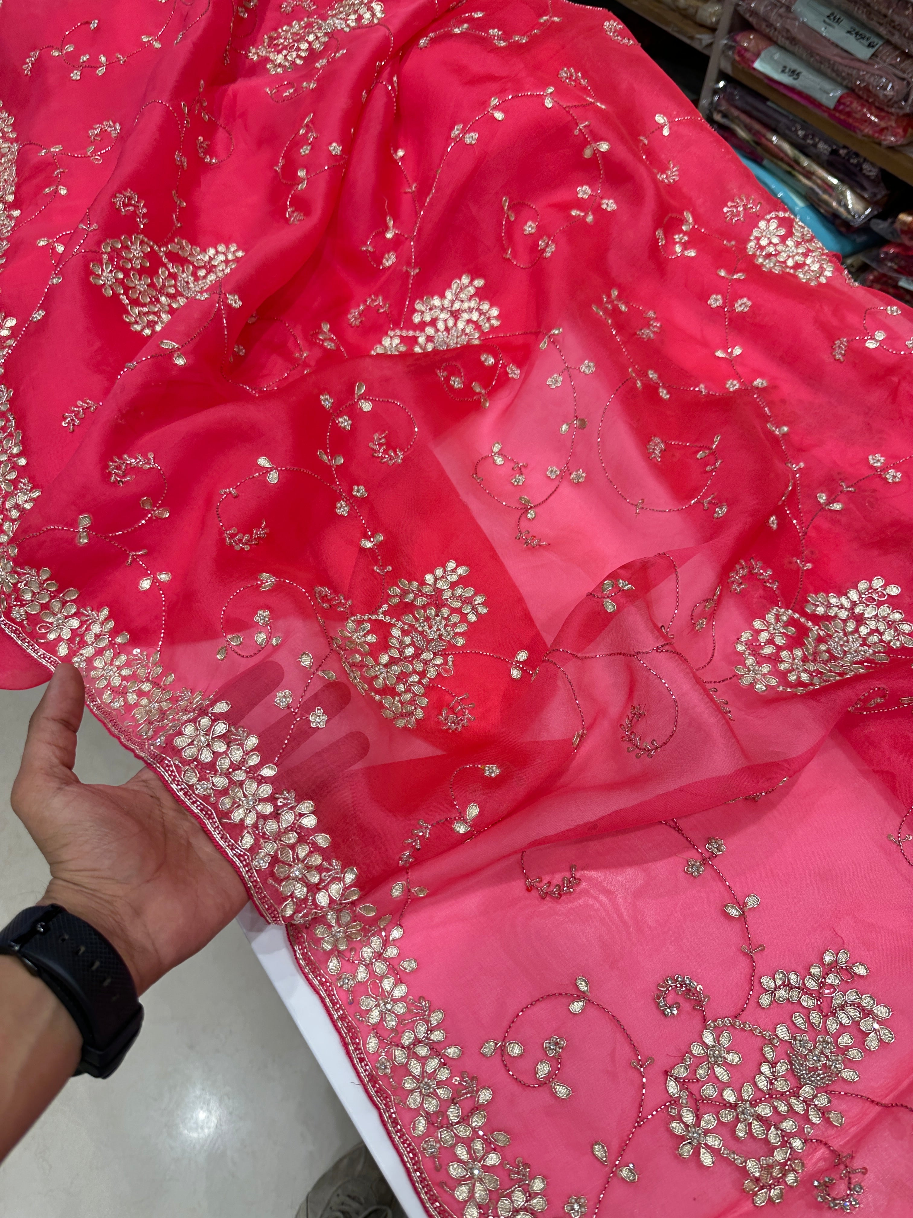 Neon Pink Pure Organza Embroidery Saree