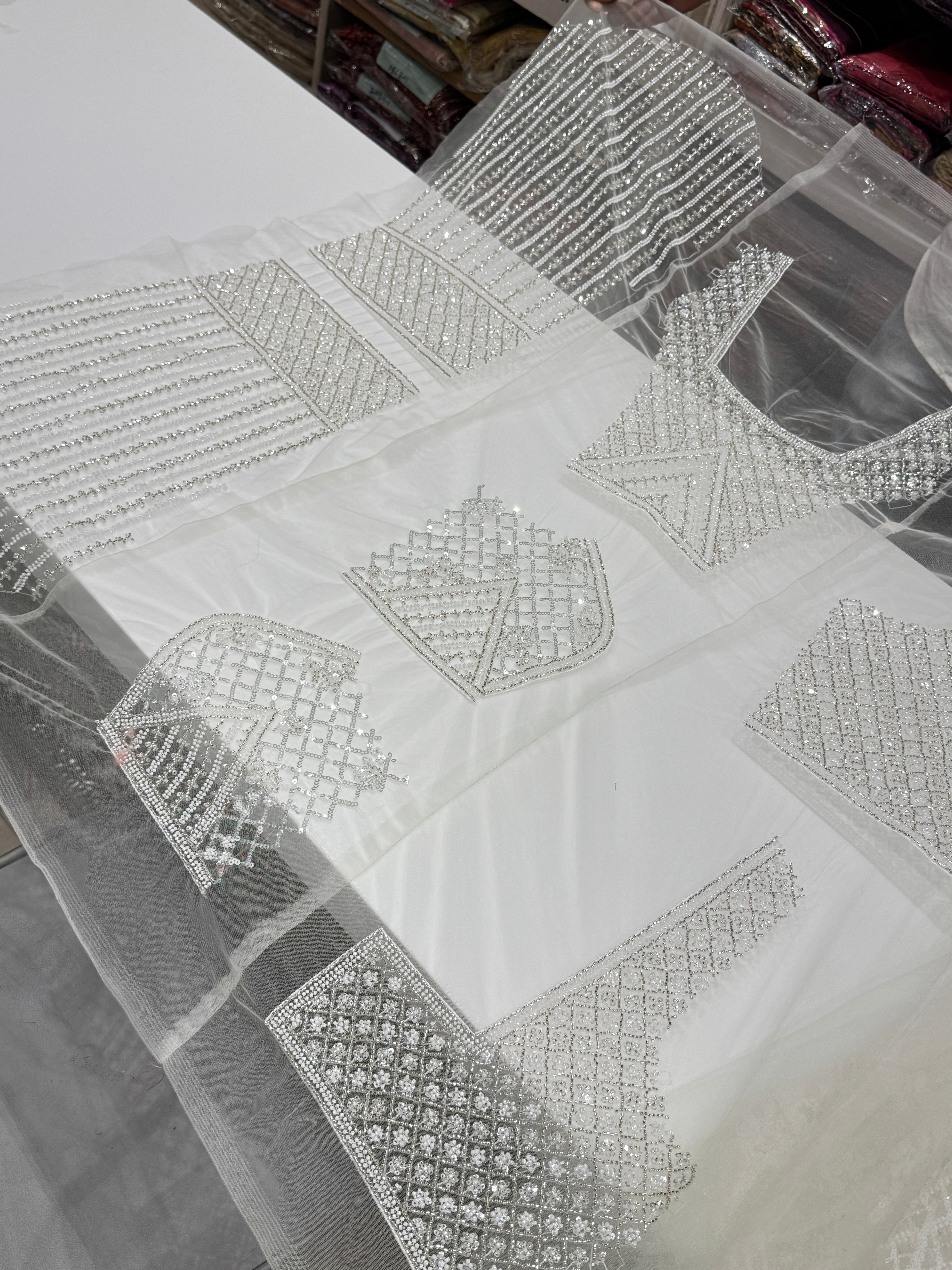 White Net Embroidery Moti Cutdana Soft Saree