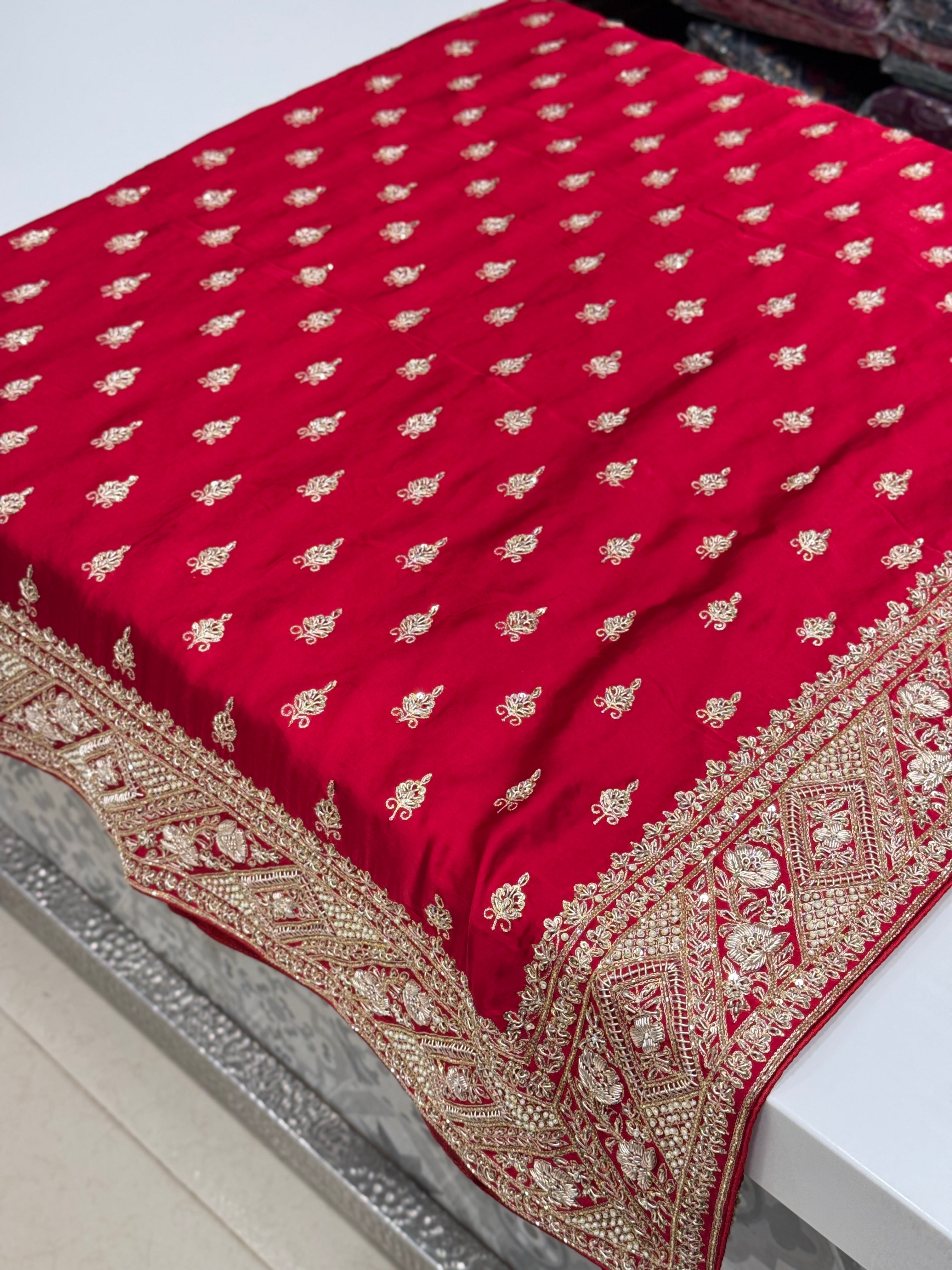 Red Hand Embroidery Buttis Pure Satin Zardosi Embroidery
