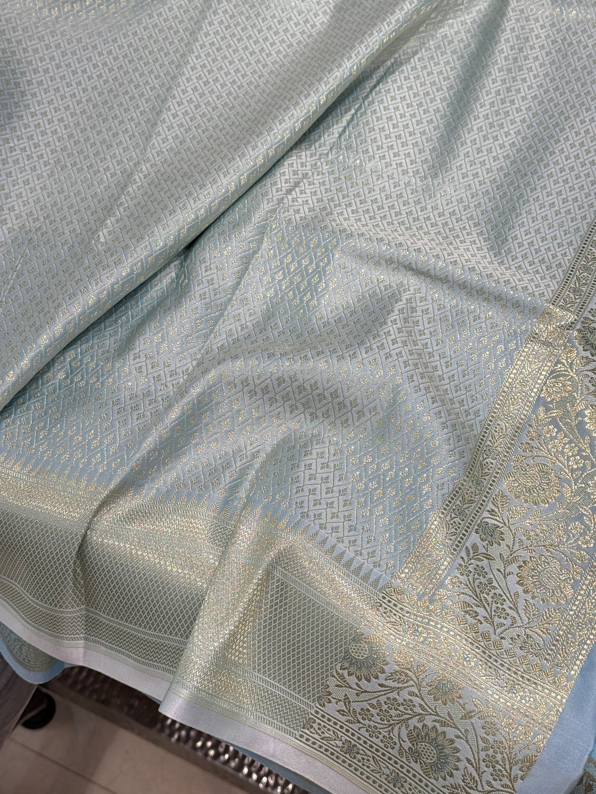 Light Blue Banarasi Silk Upside Down Border Saree