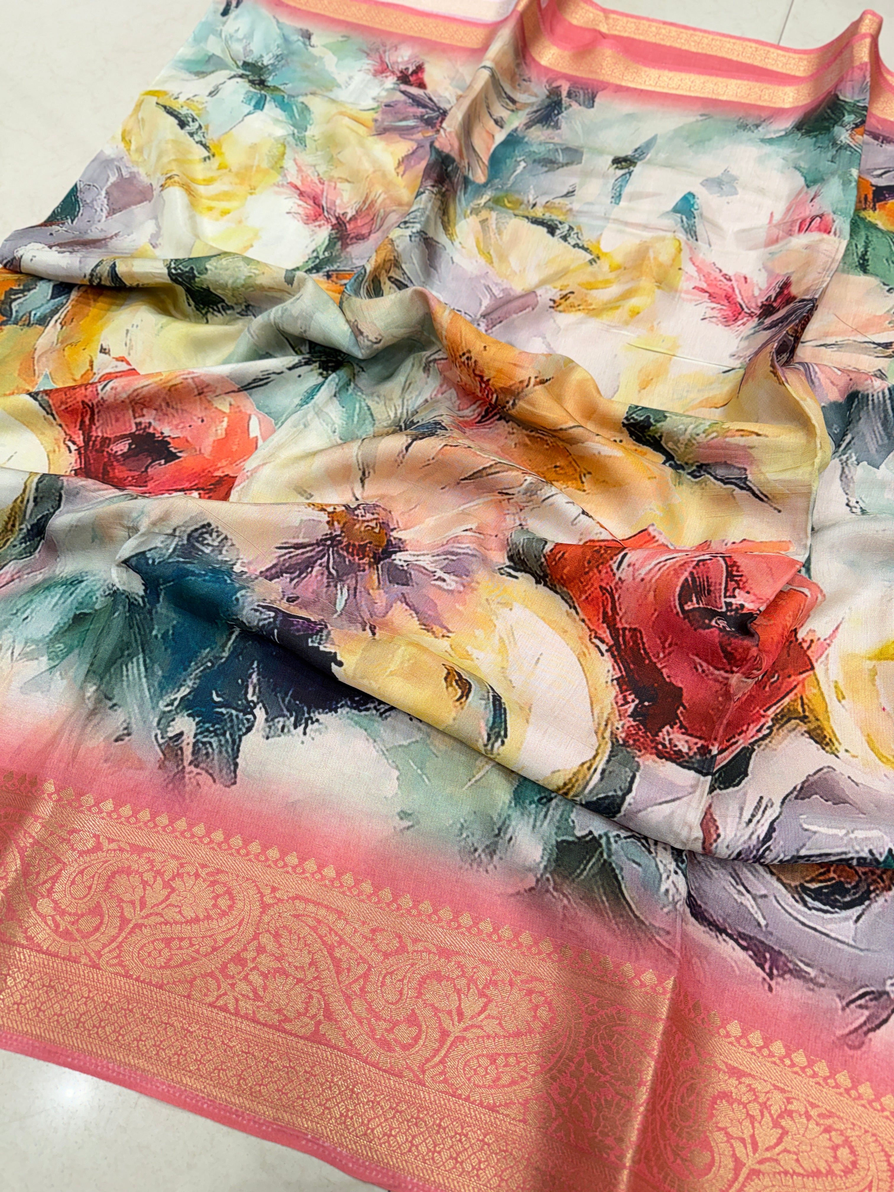 Abstract Multi Colour Print Munga Soft Silk Saree