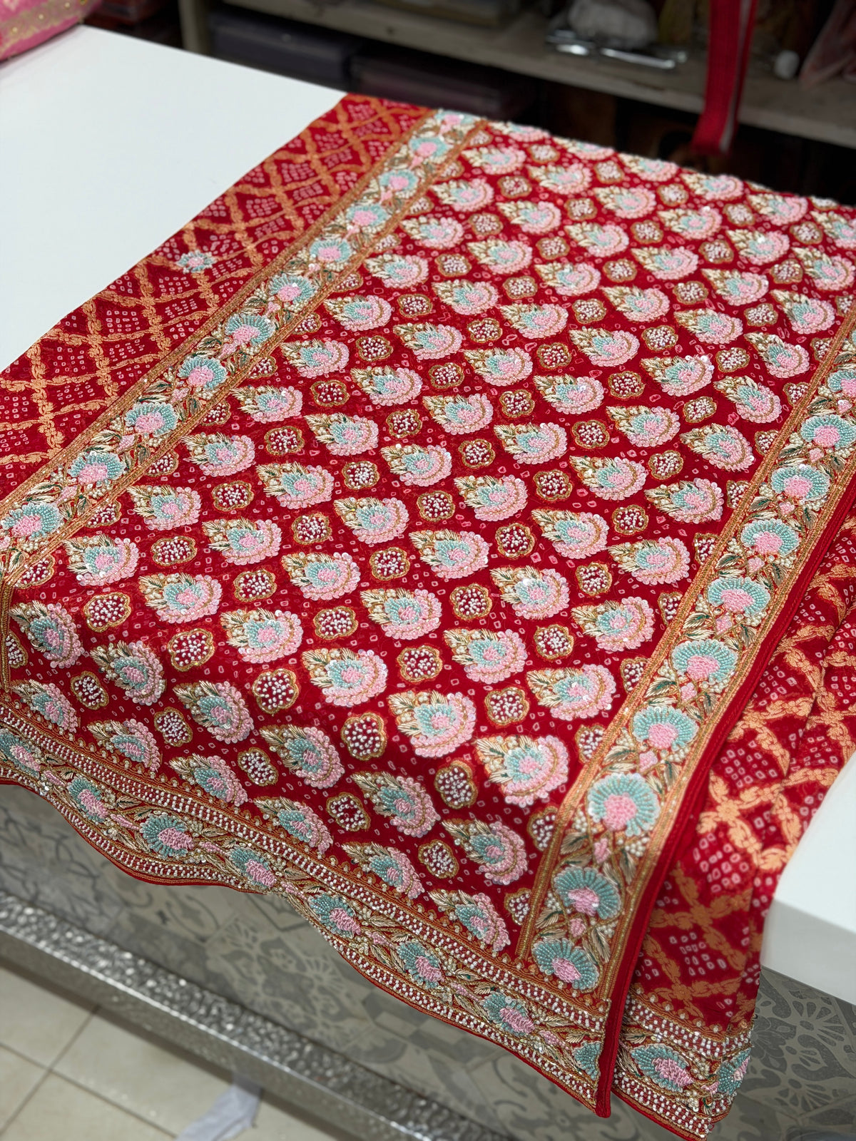 Red Bandhej Moti Zardosi Hand Embroidery Saree