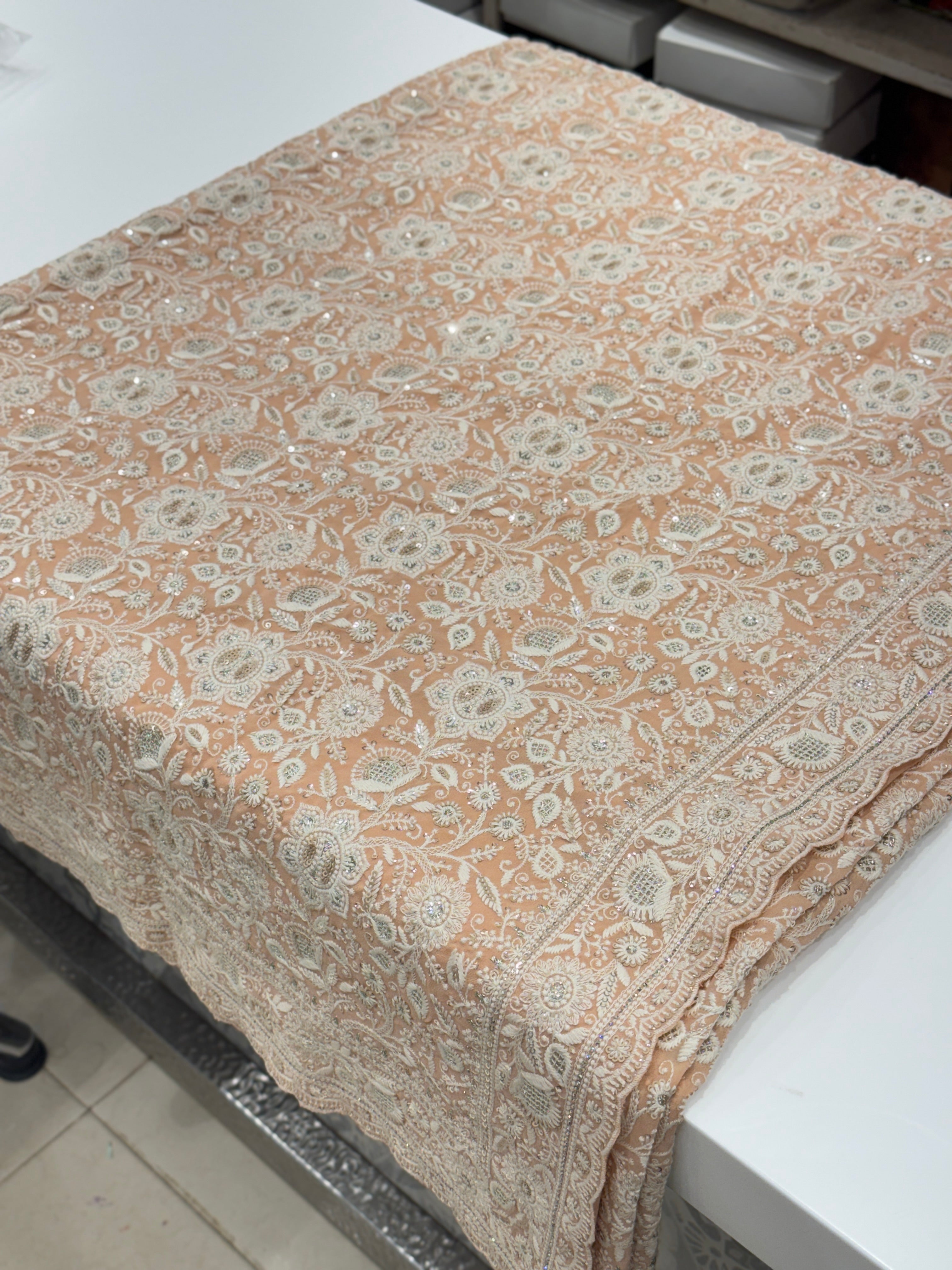 Peach Chikankari Small Scallop Design Saree