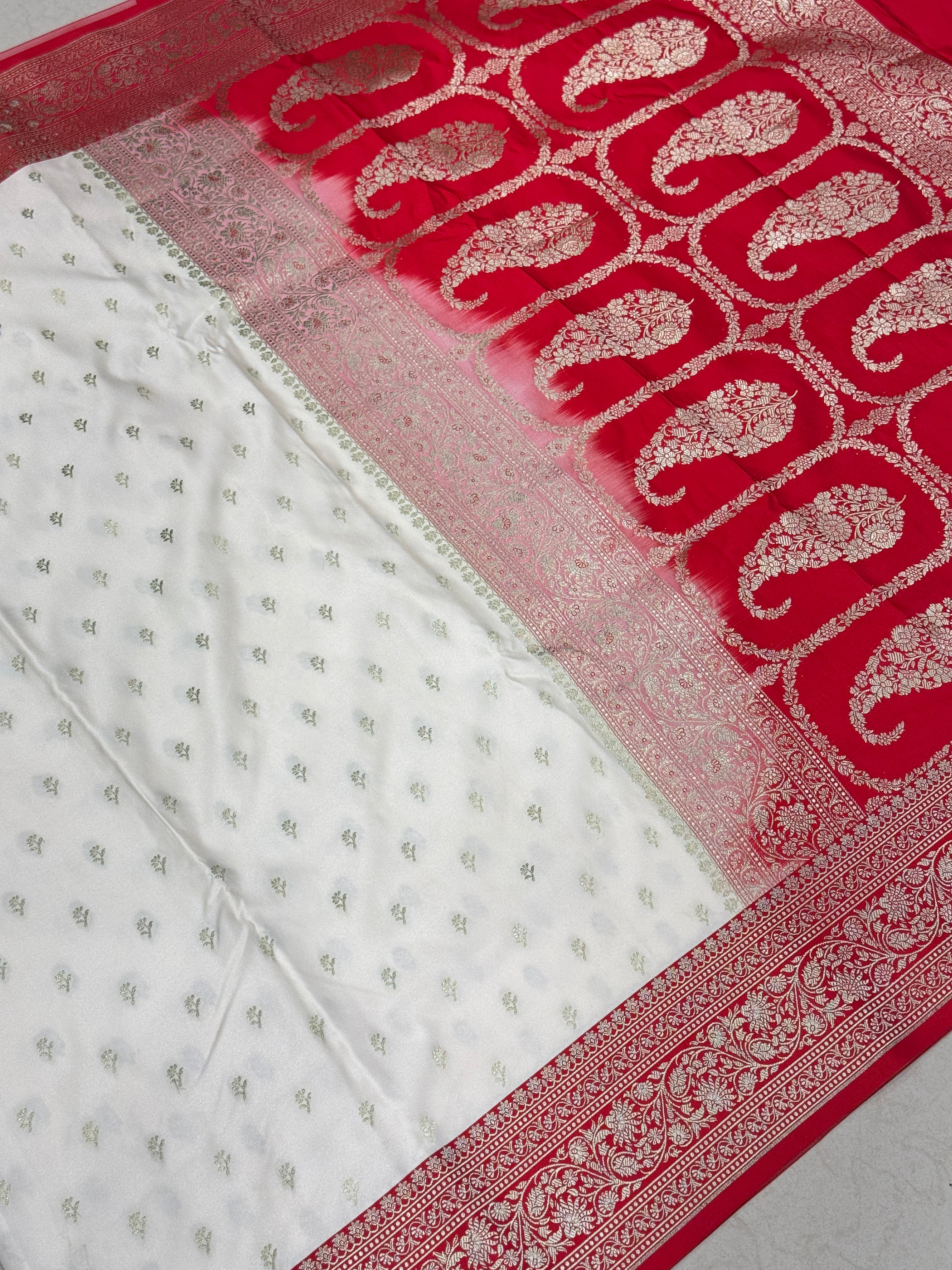 Moti White Red Pallu Banarasi Buttis Saree