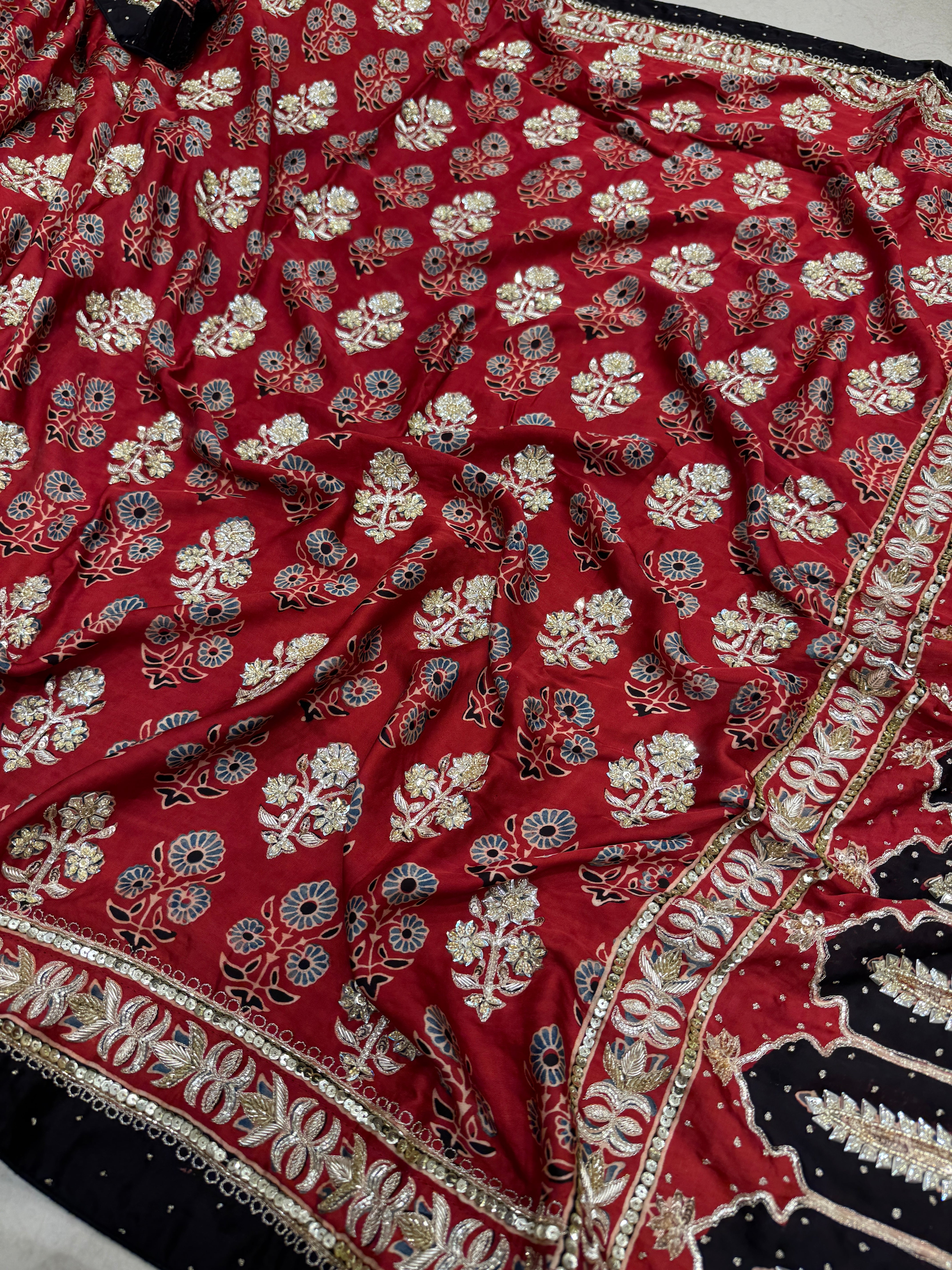 Red Floral Buttas Ajrakh Hand Embroidery Saree
