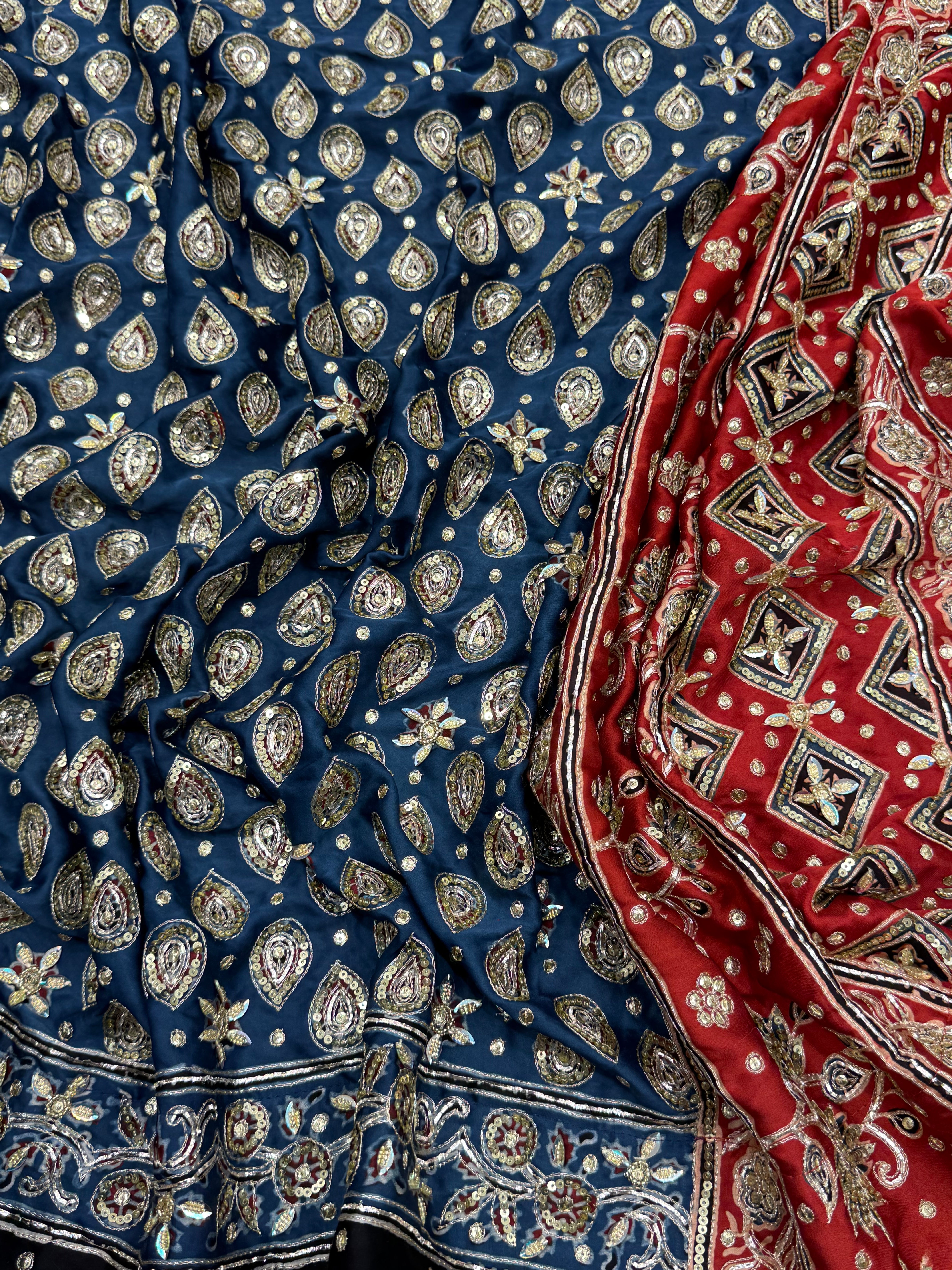 Blue Red Floral Buttis Ajrakh Hand Embroidery Saree