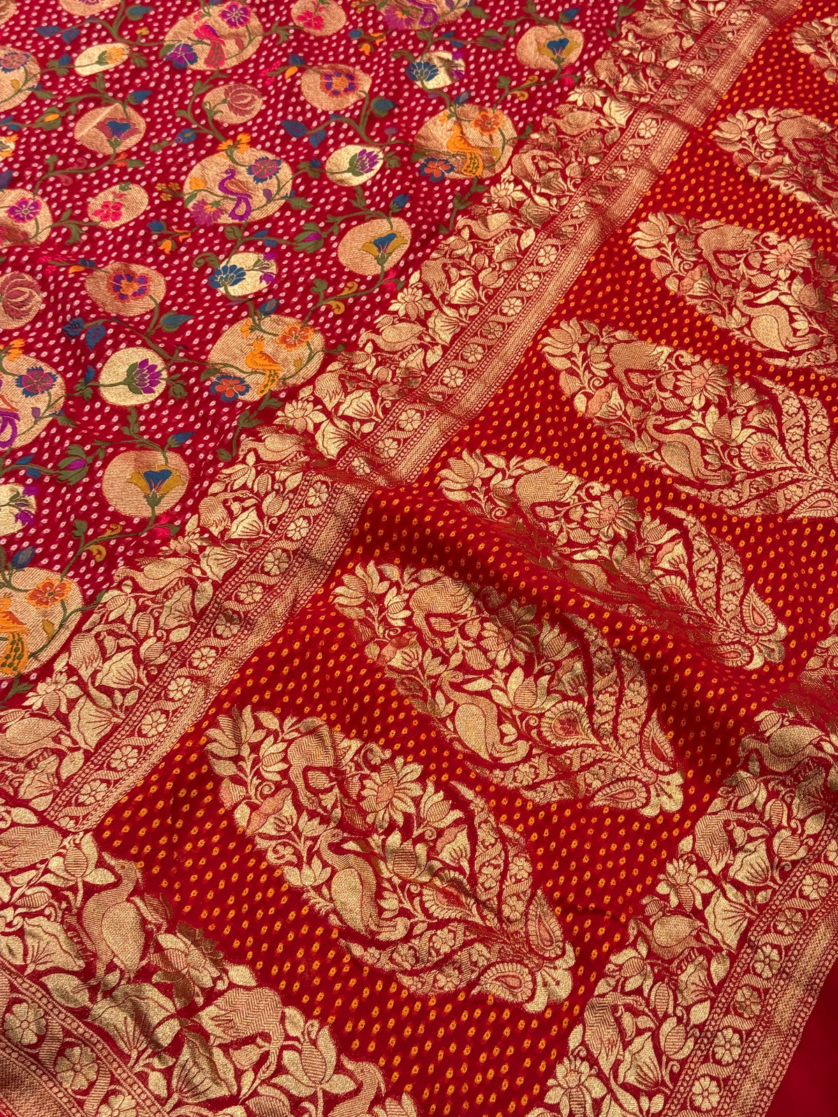 Red Chandra Mor Meenakari Woven Bandhej Saree