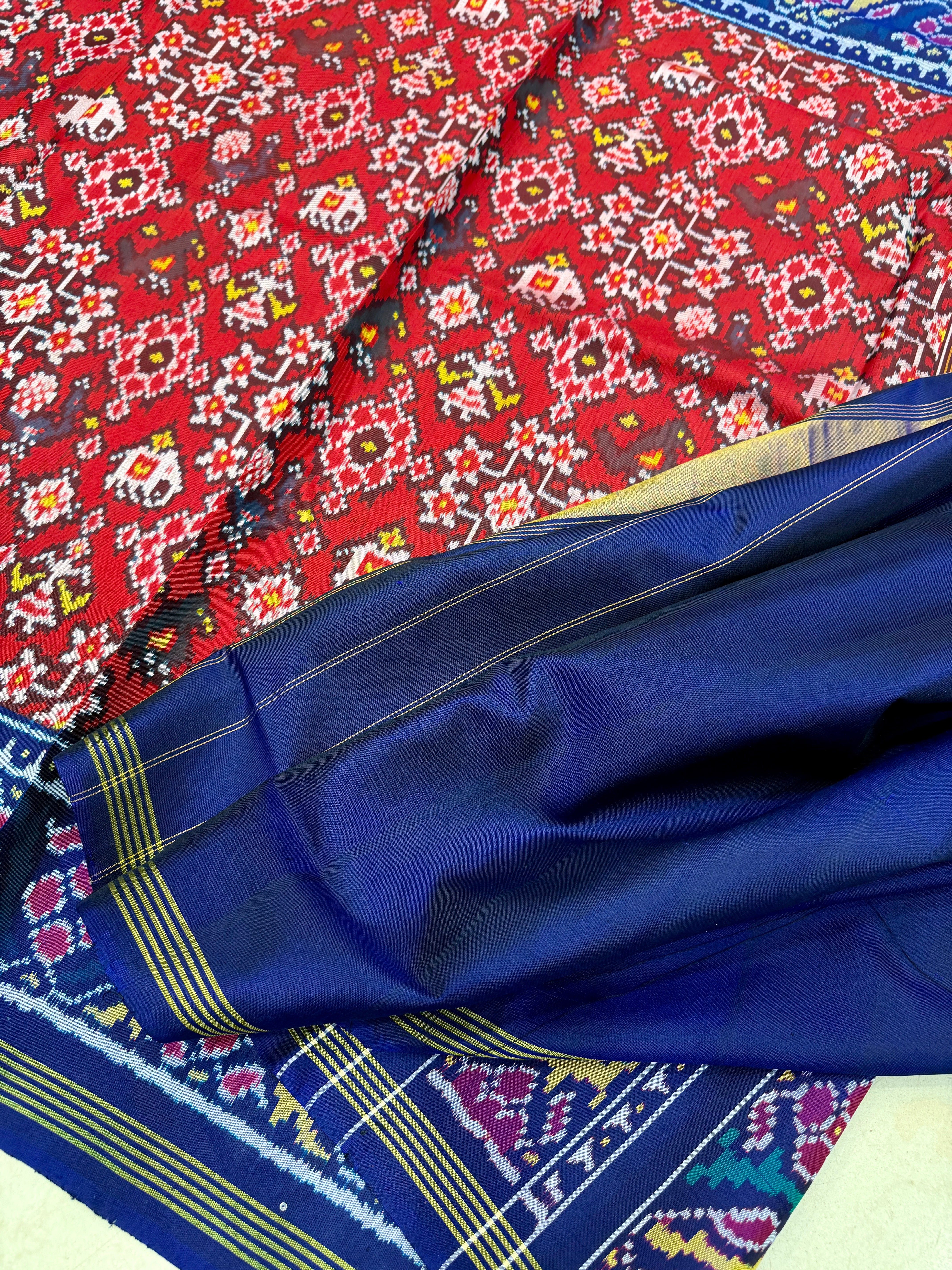 Red Blue Manek Chowk Pure Silk Handloom Patola Saree