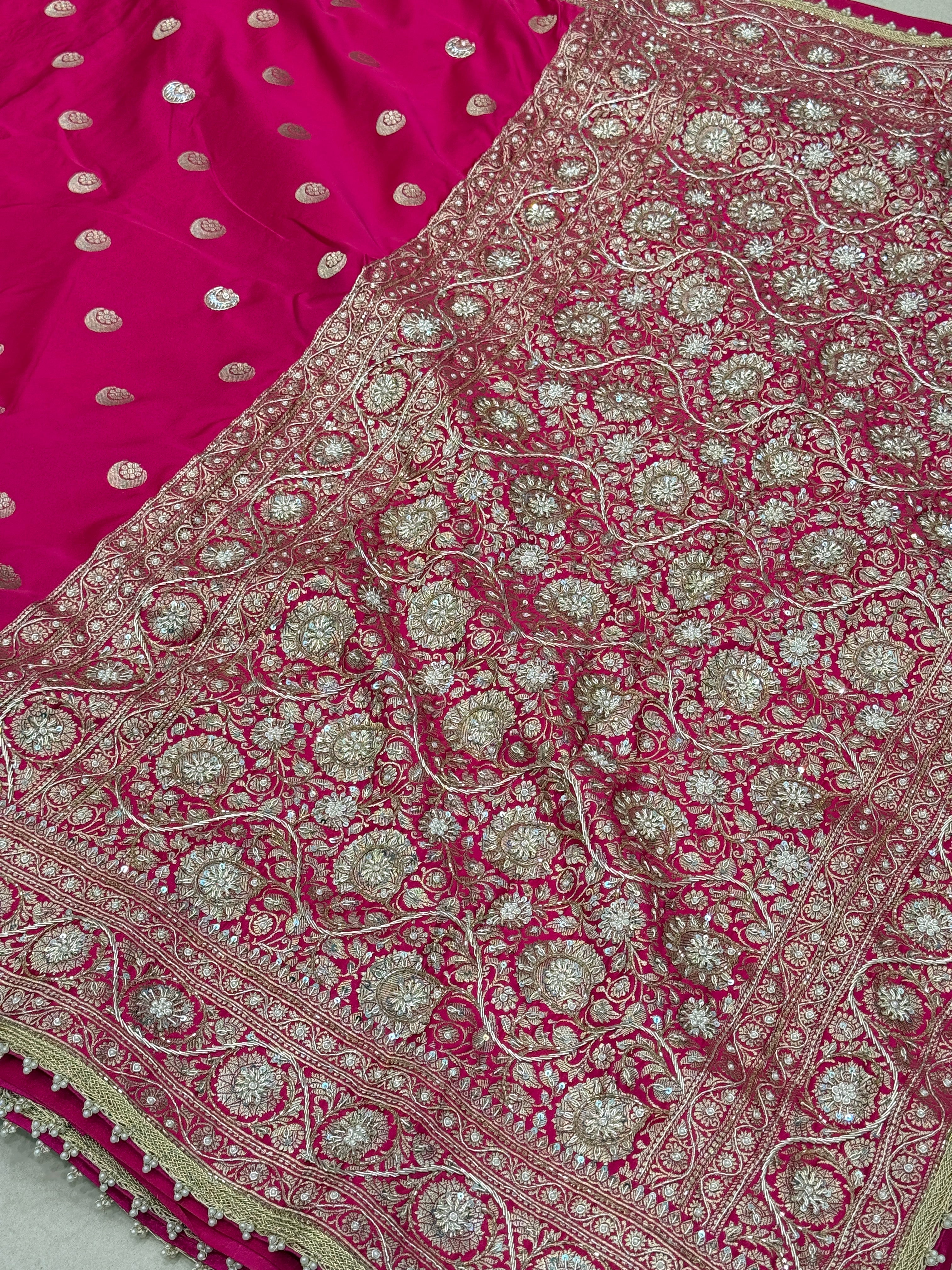 Rani Banarasi Chand Buttis Zardosi Hand Embroidery Saree