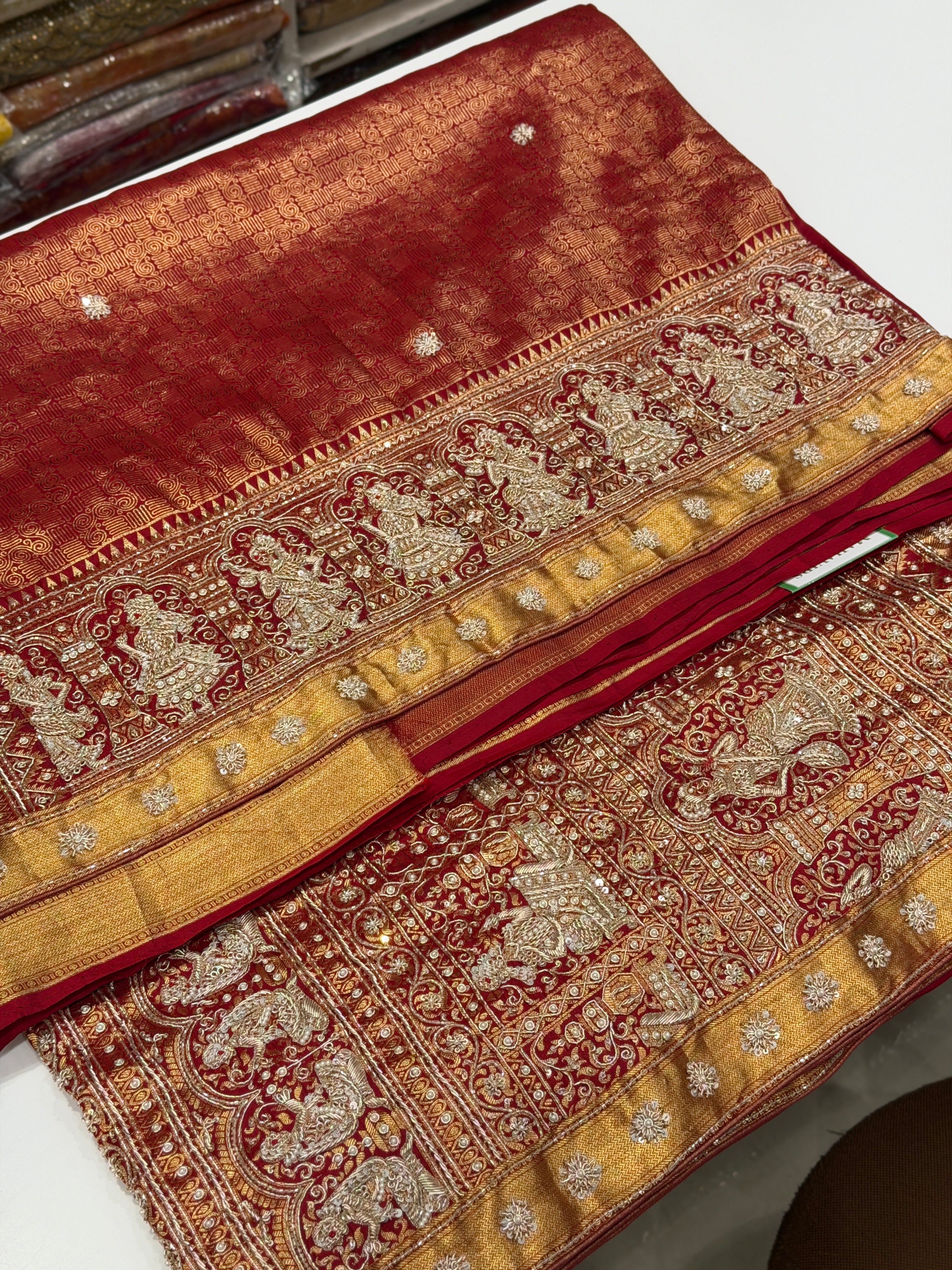 Maroonish Red Kanjivaram Zardosi Hand Embroidery Baluchari Style Saree