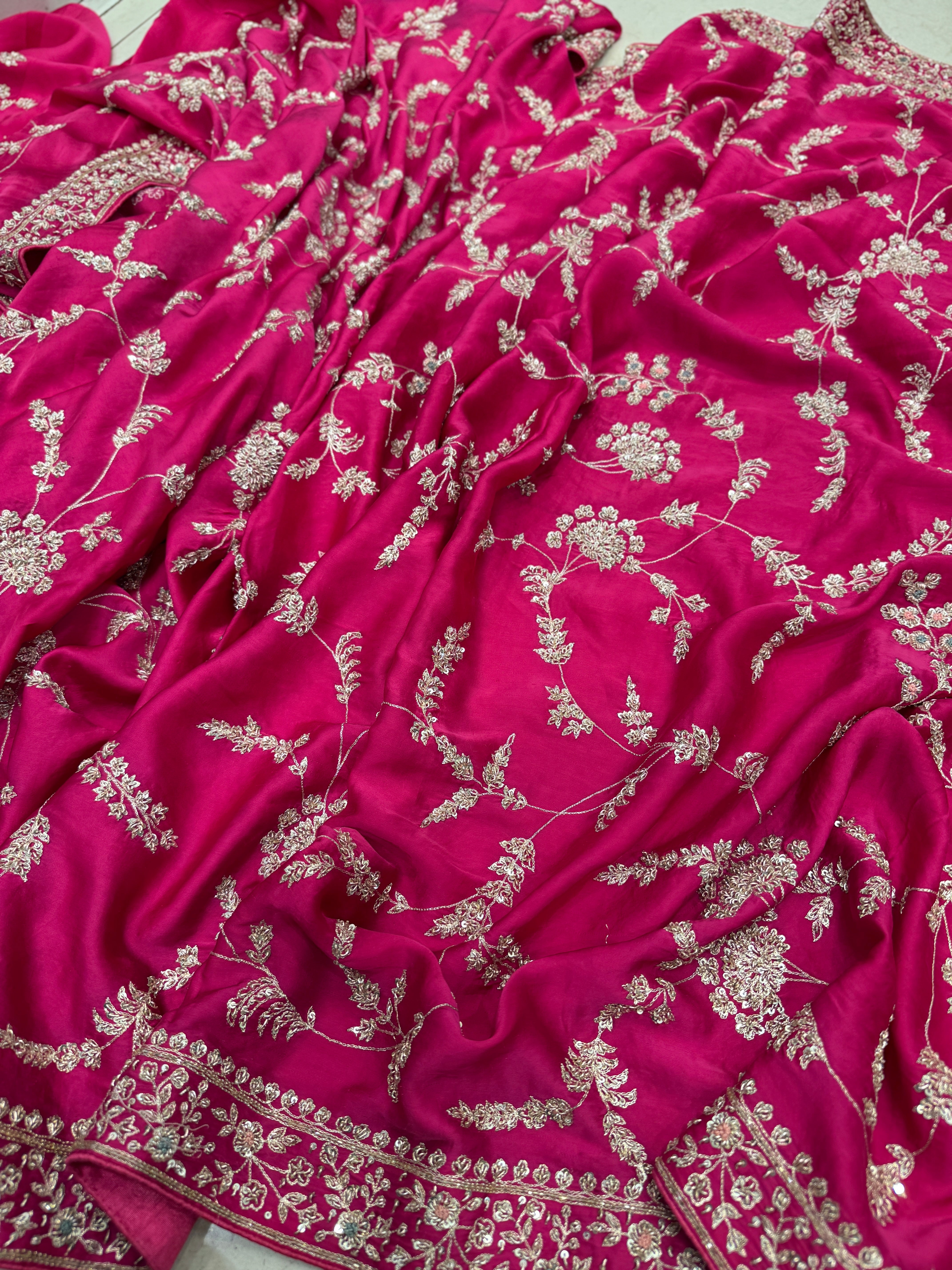 Rani Pink Satin Zardosi Saree