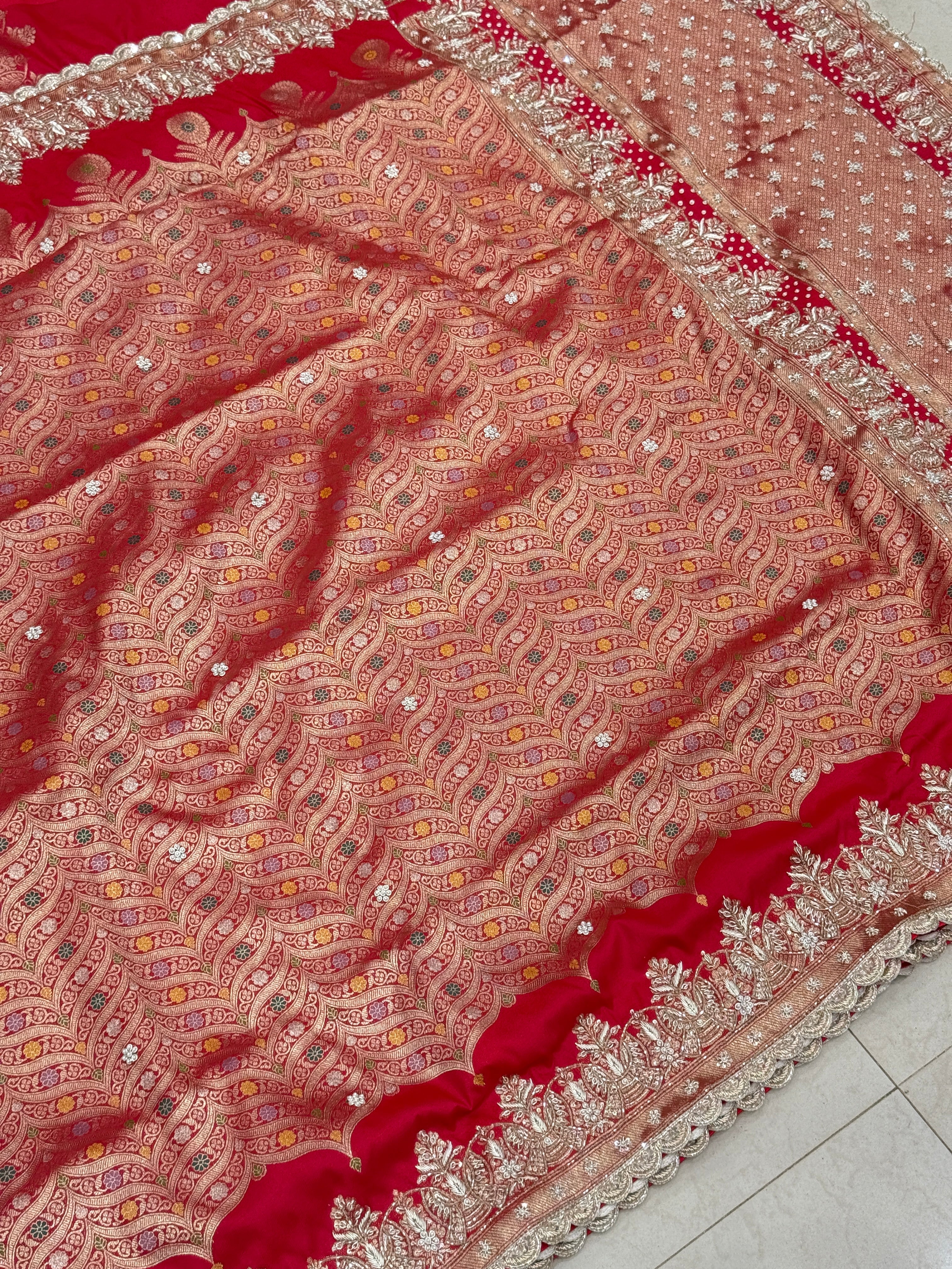 Red Banarasi Contemporary Zardosi Hand Embroidery Saree